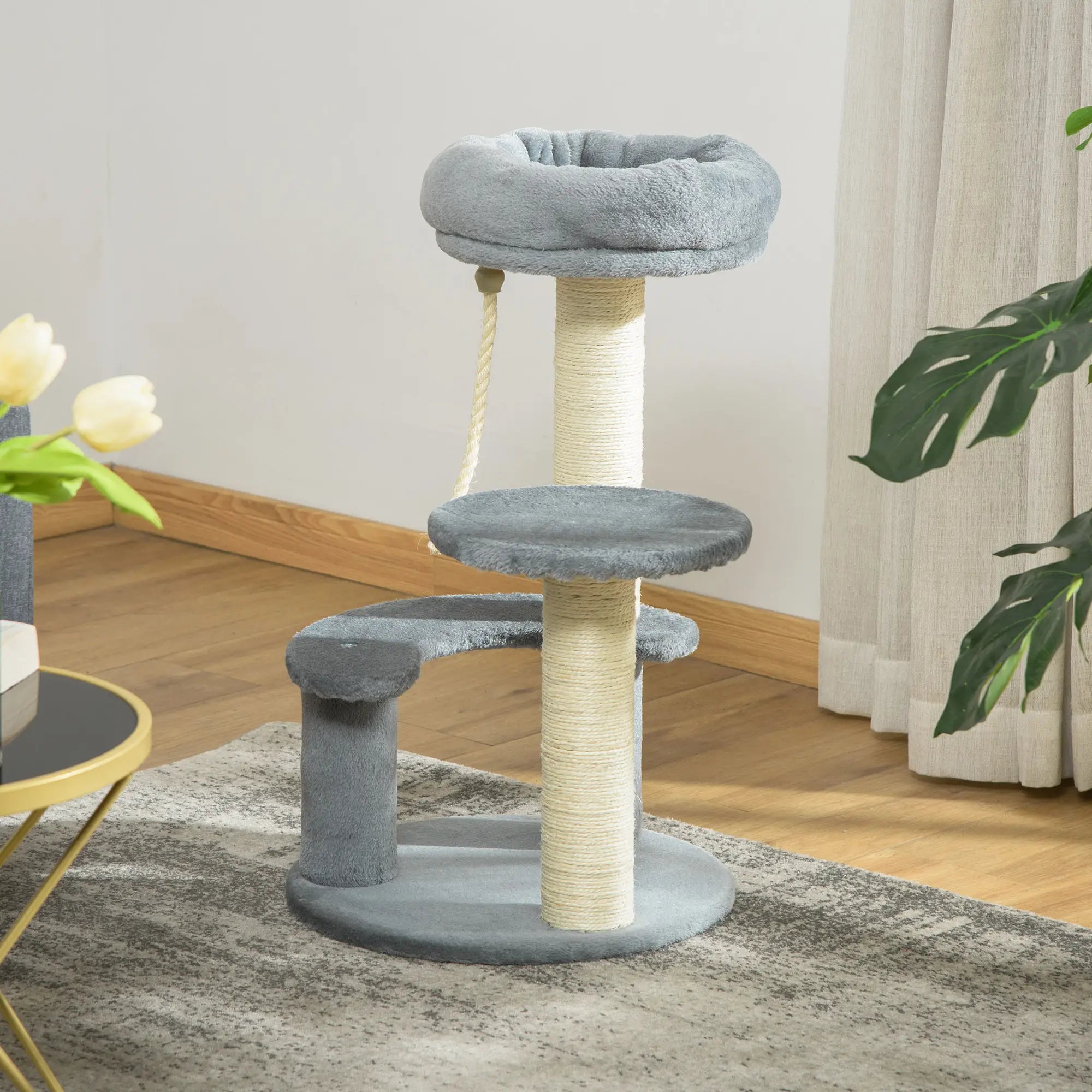 65cm Cat Tree, Cat Tower for Kittens, Small Cat Condo with Sisal Scratching Posts, Hanging Rope, Perches - Grey