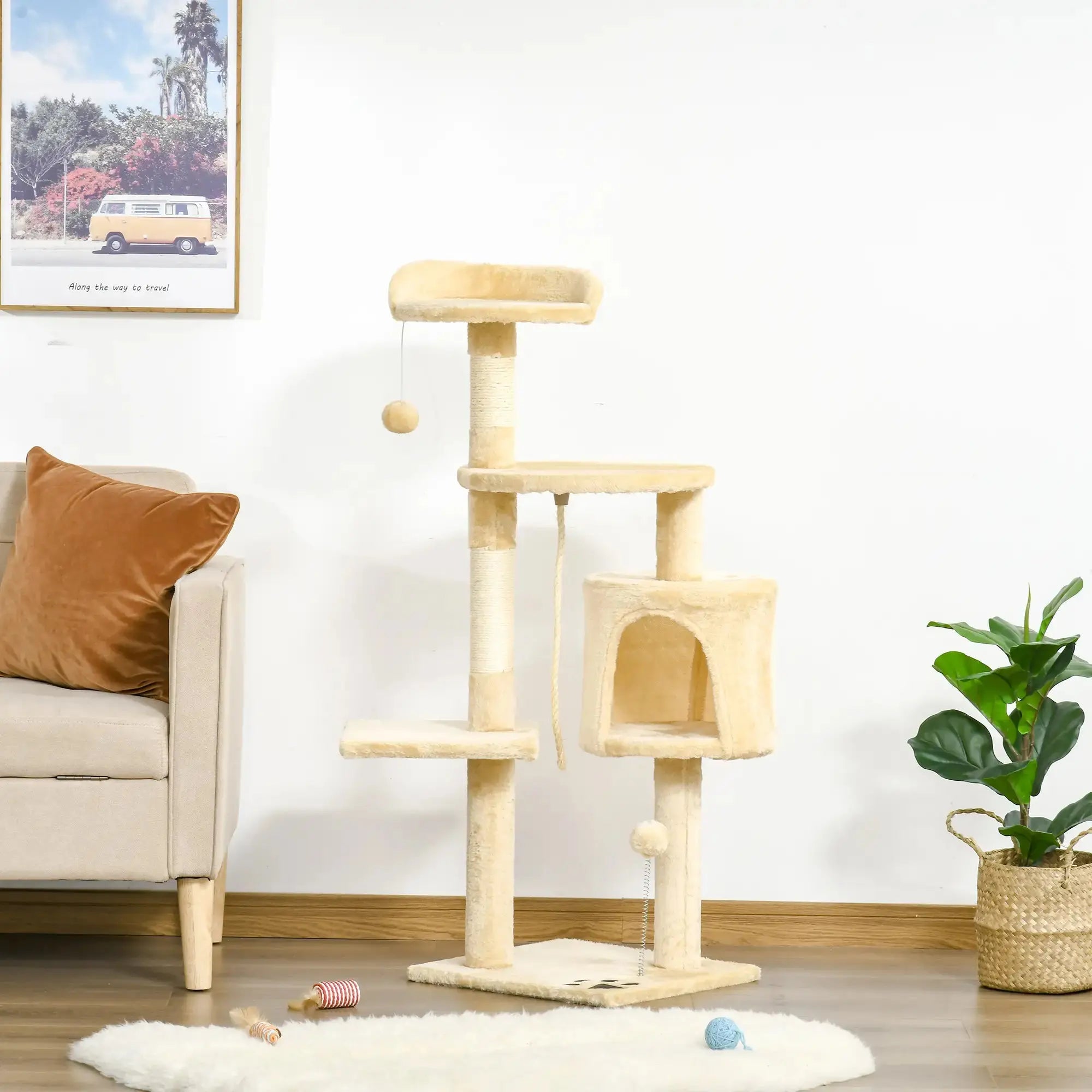 Cat Tree for Indoor Cats Pet Activity Centre Kitty Condo Climbing Scratching Post with Toys 4-tier 114cm Tall Beige