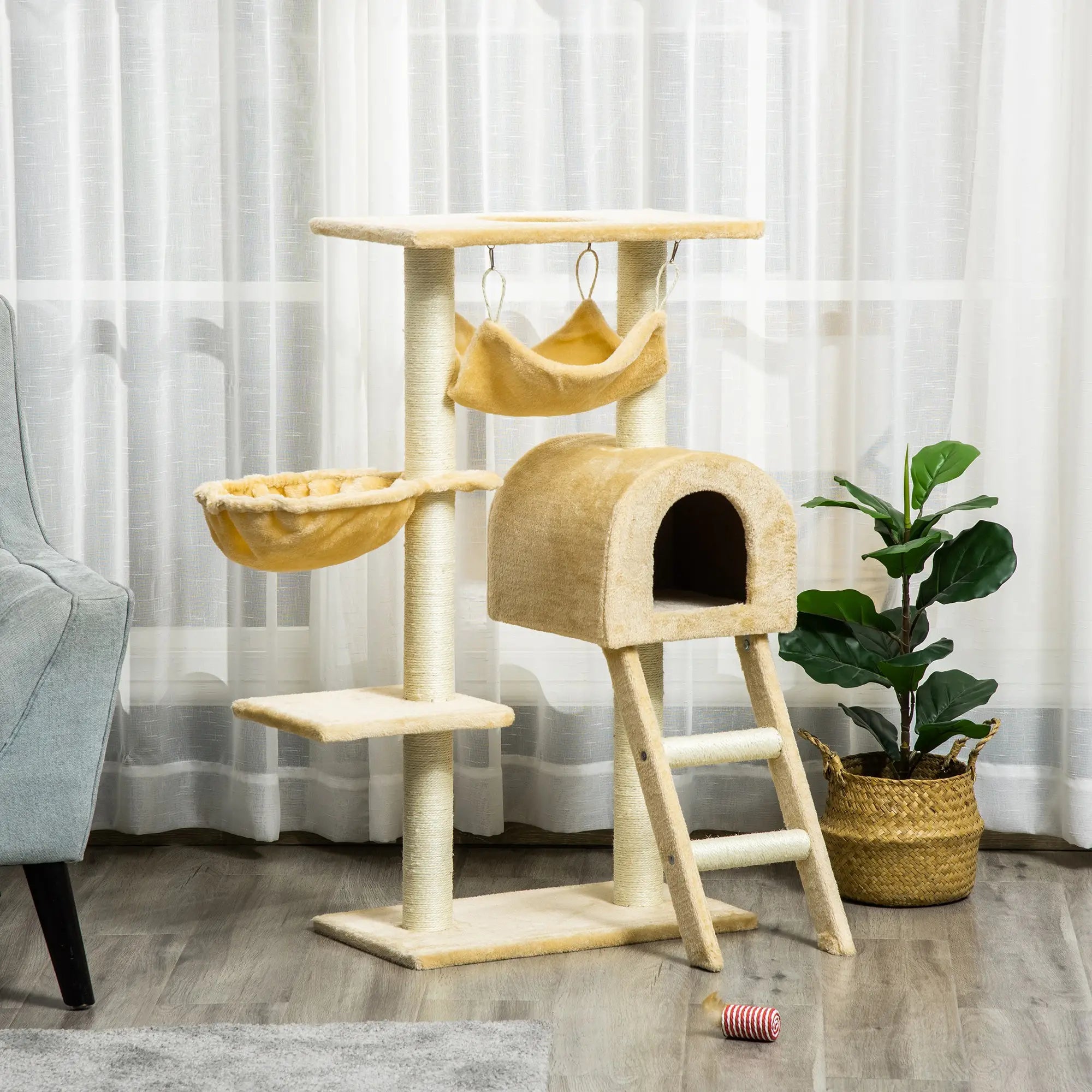 Cat Tree Tower for Indoor Cats Kitten Activity Centre Scratching Post w/ Hammock House Basket Ladder - Beige