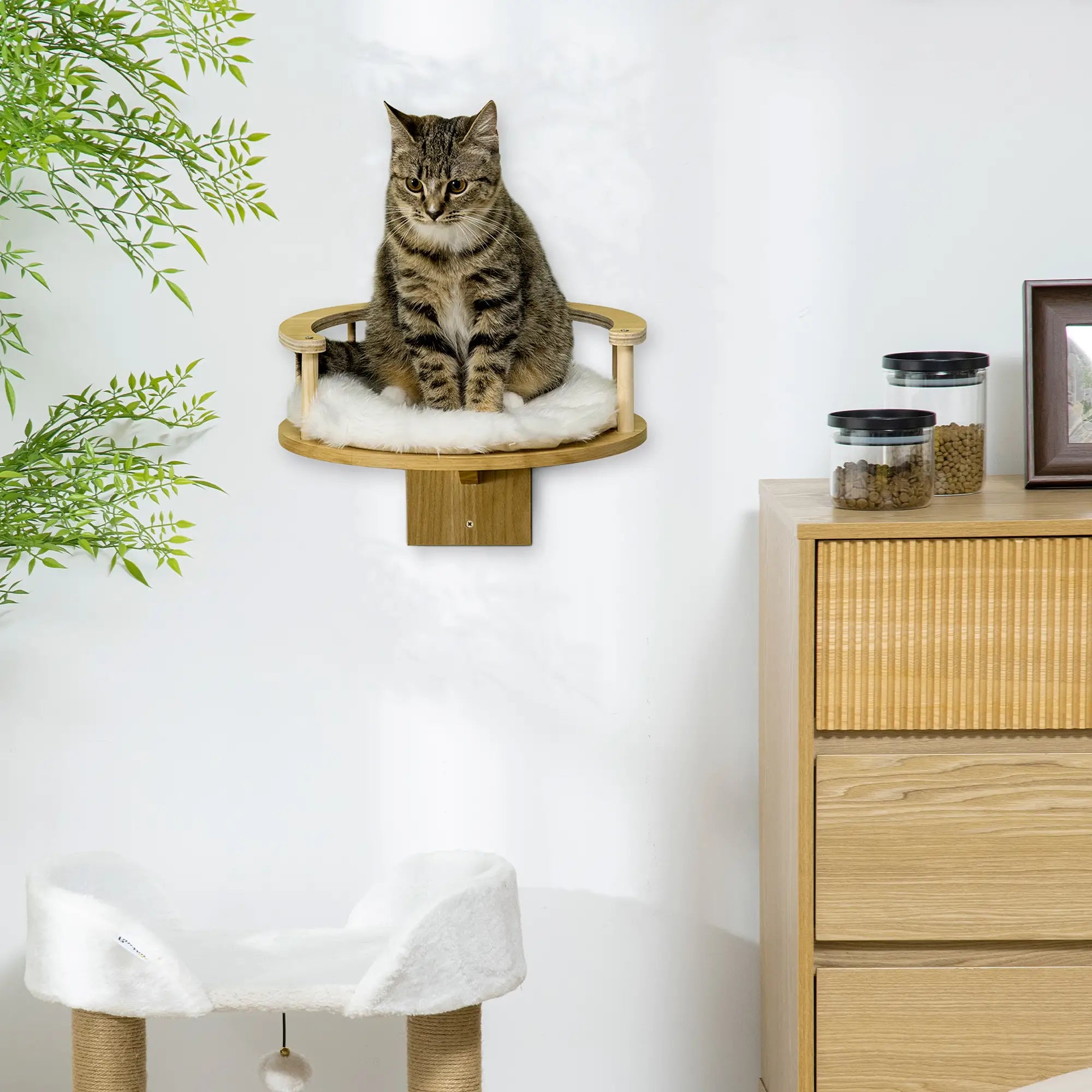 Wall-Mounted Cat Shelf with Cushion, Guardrails, 34 x 34 x 10.5cm