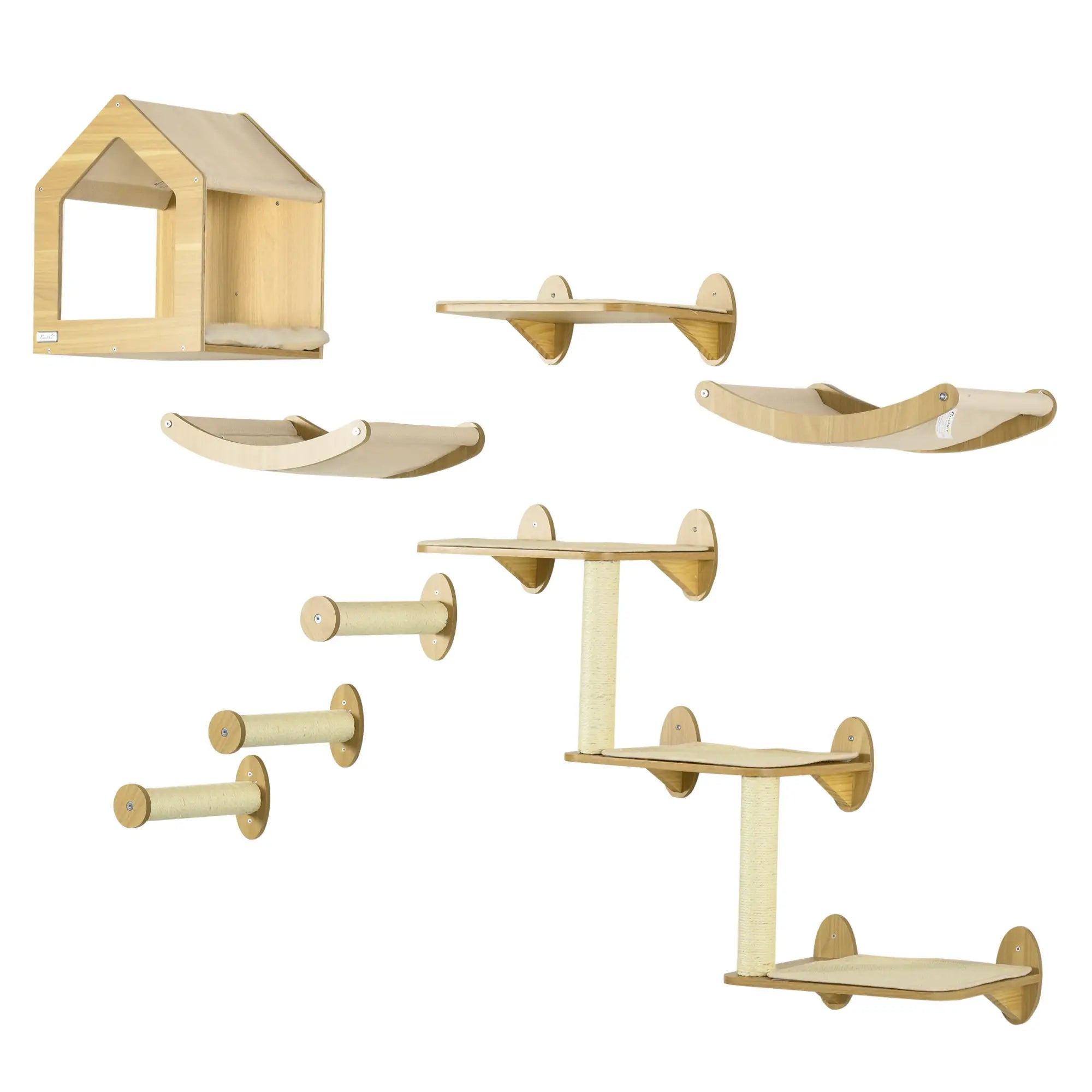 8 Piece Cat Shelves Set, with Cat House, Three Perches, Three Scratching Posts