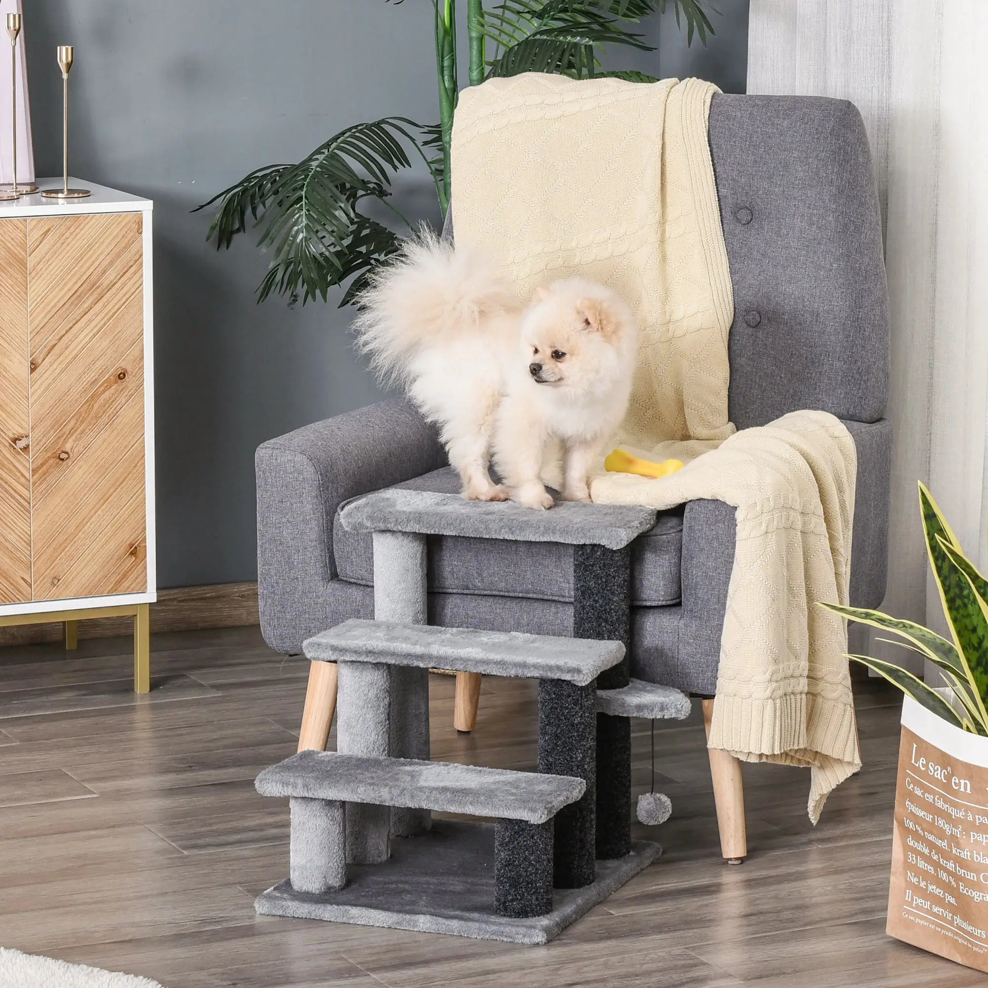 3-step Pet Stairs with Scratching Posts, Platforms, Toy Ball, Grey
