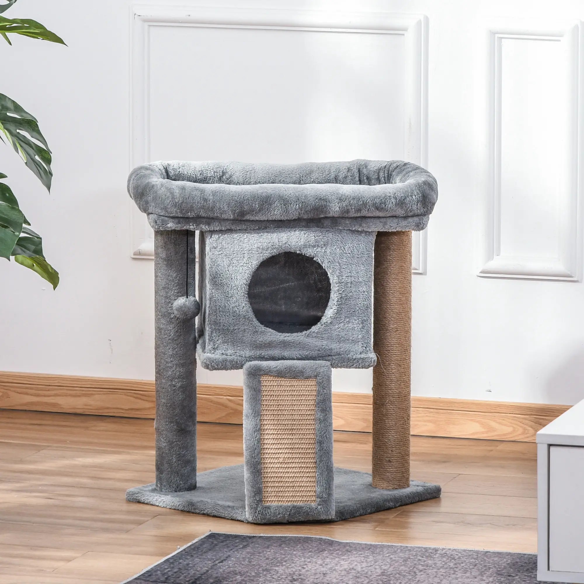 Cat Tree Tower for Indoor Cats CScratching Post Climbing Activity Centre w/Jute Scratching Pad, Toy Ball, Cat House - Grey
