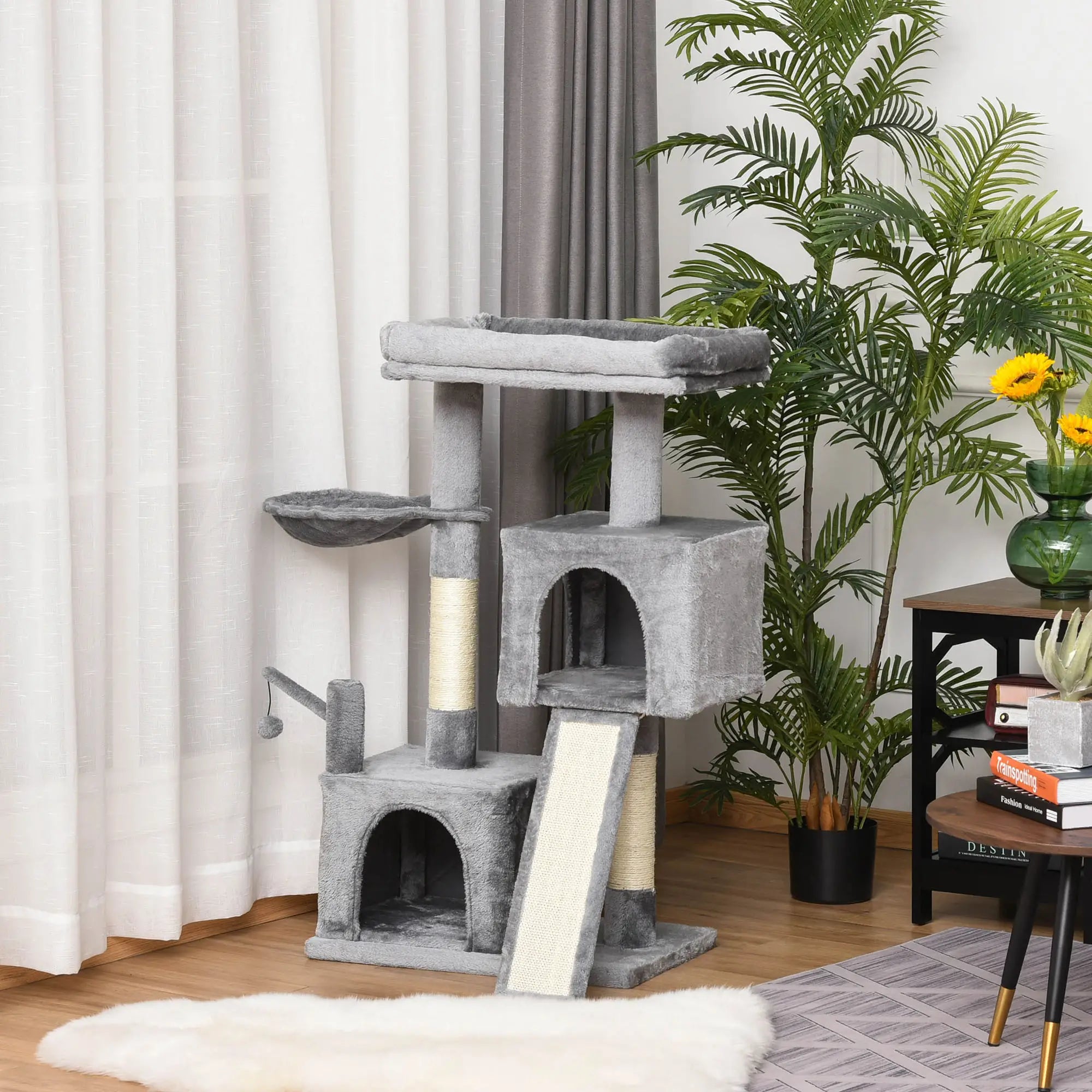 Cat Tree Tower for Indoor Cats, 111cm Kitten Activity Centre with Scratching Post Pad Hammock Condo Bed Ball Toy, Grey