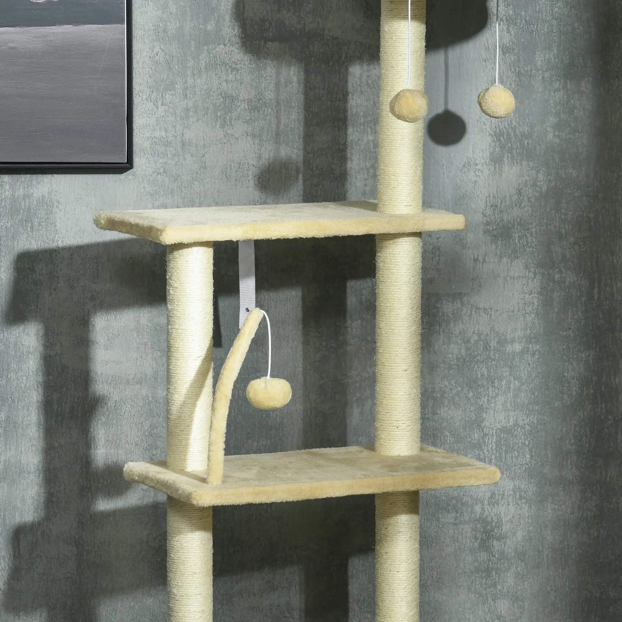 Floor to Ceiling Cat Tree for Indoor Cats, 6-Tier Play Tower Climbing Activity Center with Scratching Post, Platforms, Bed, Hammock, Adjustable Height 230-250cm, Beige