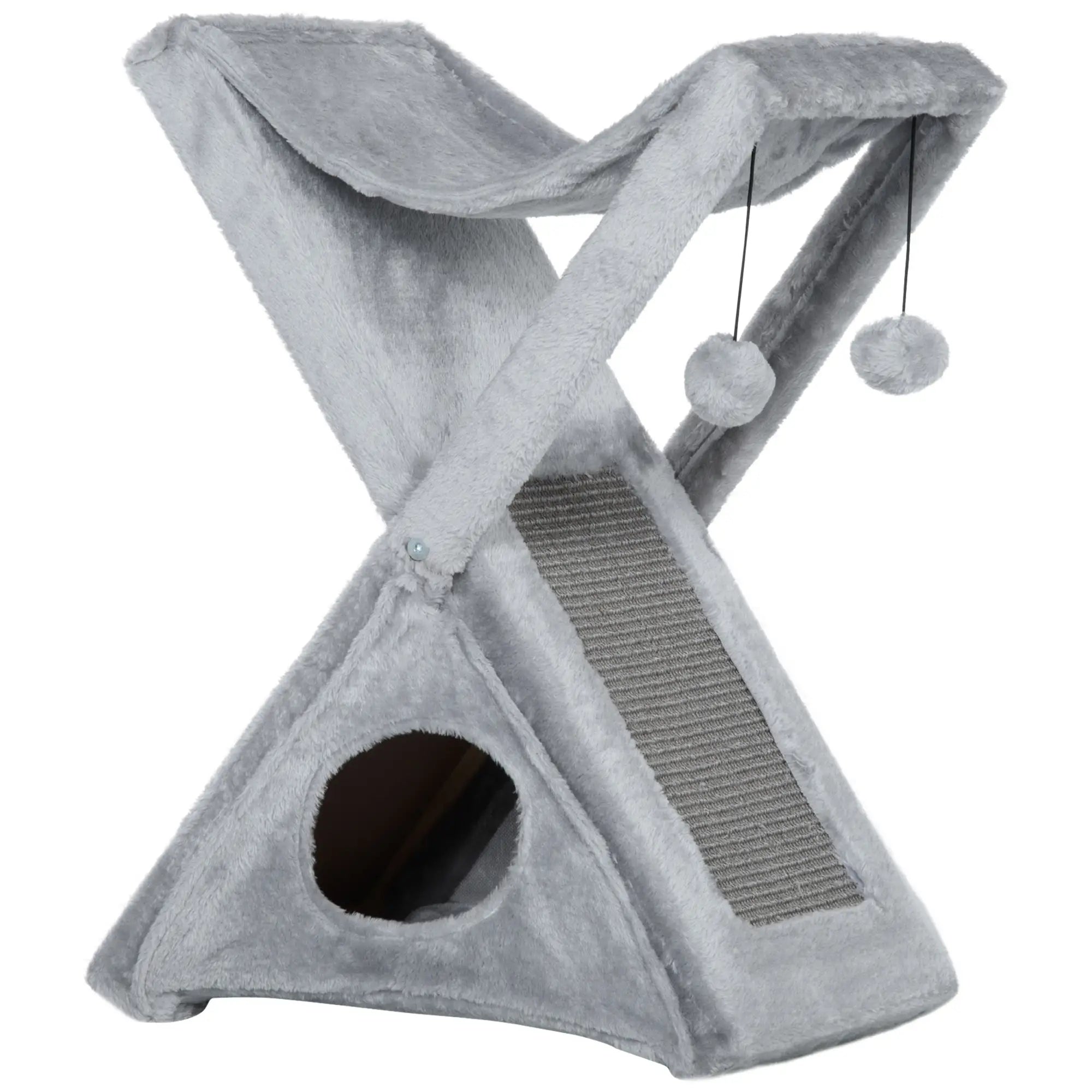 Two Tier Cat Tree for Indoor Cats Play Rest Activity Tower Plush Folding Relax Center w/ Scratching Post Hammock Pom Poms Grey