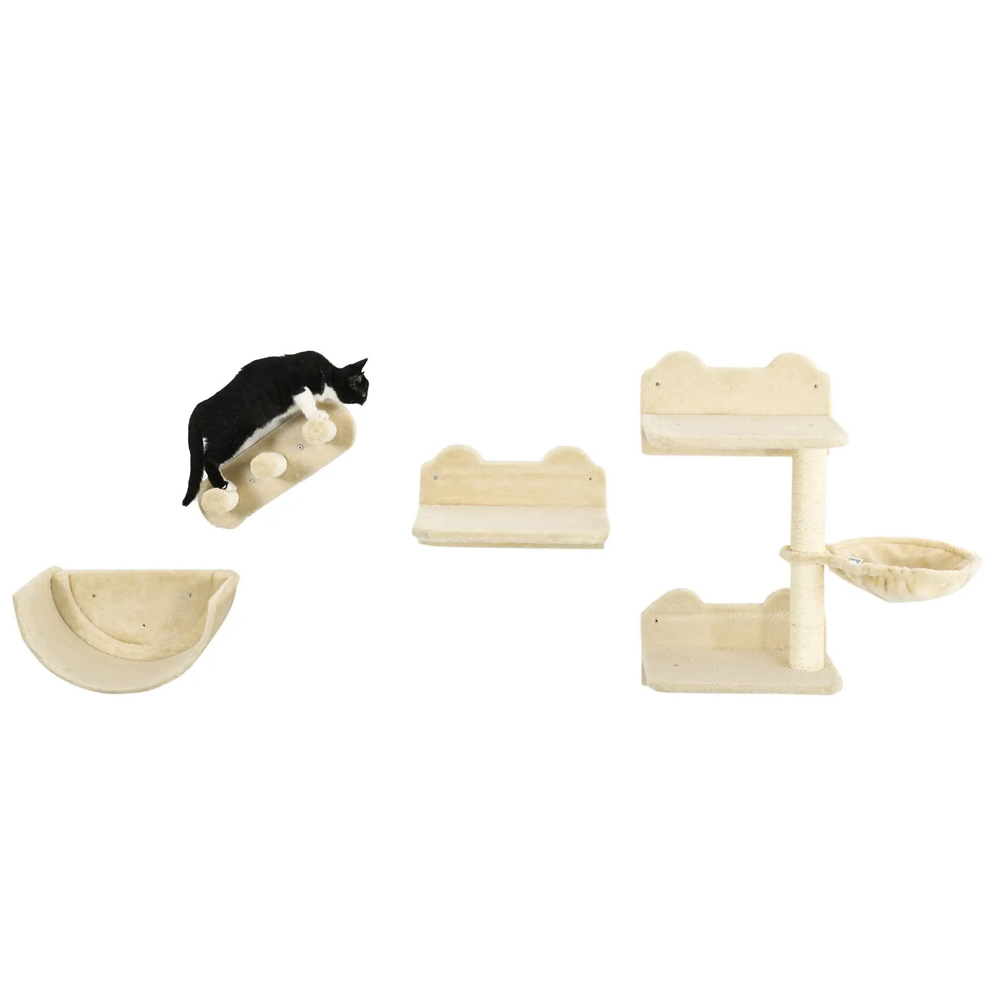 4PCs Wall-Mounted Cat Shelves w/ Scratching Post, Hammock, Nest - Beige