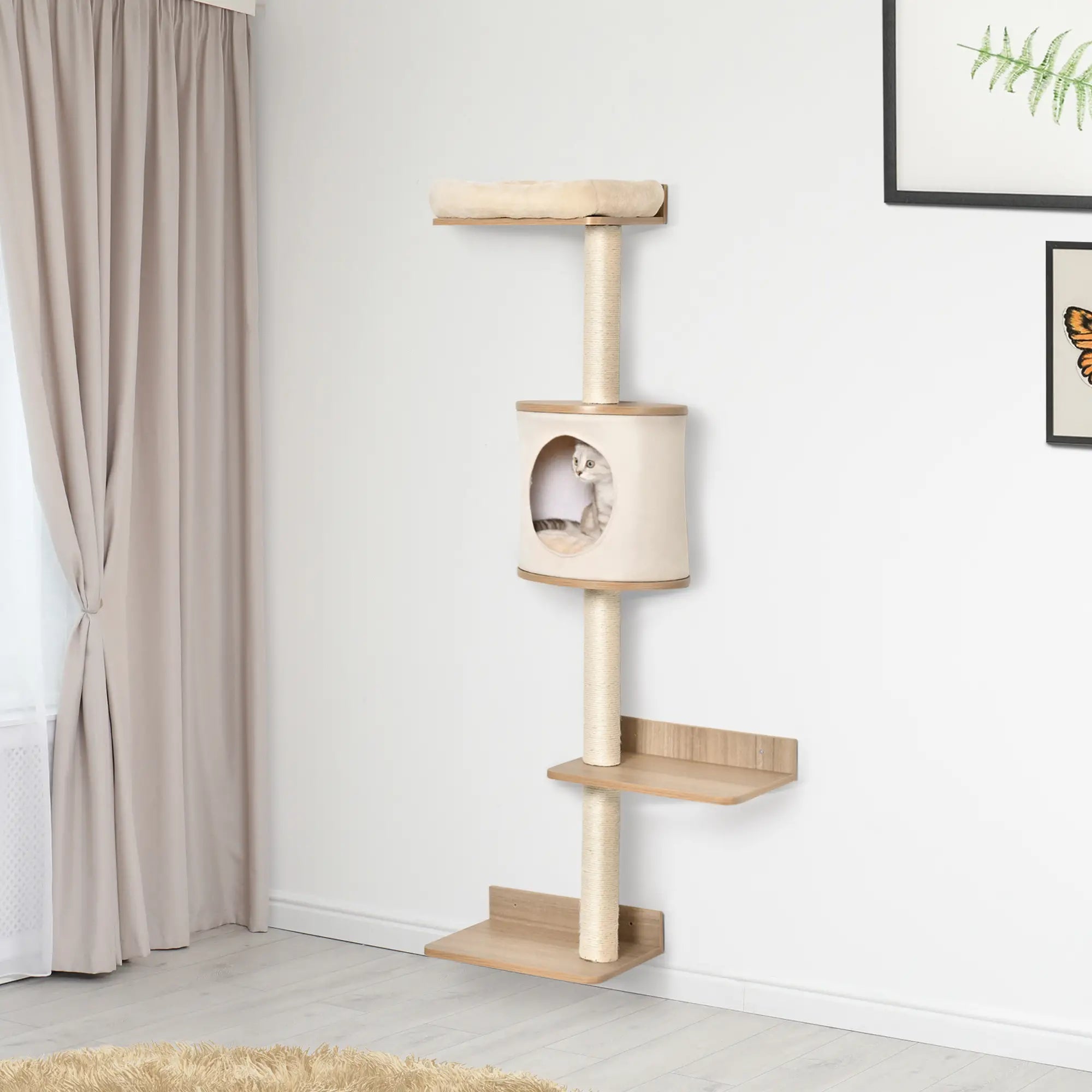 Wall-Mounted Cat Tree, with Cat House, Bed, Scratching Post - Beige