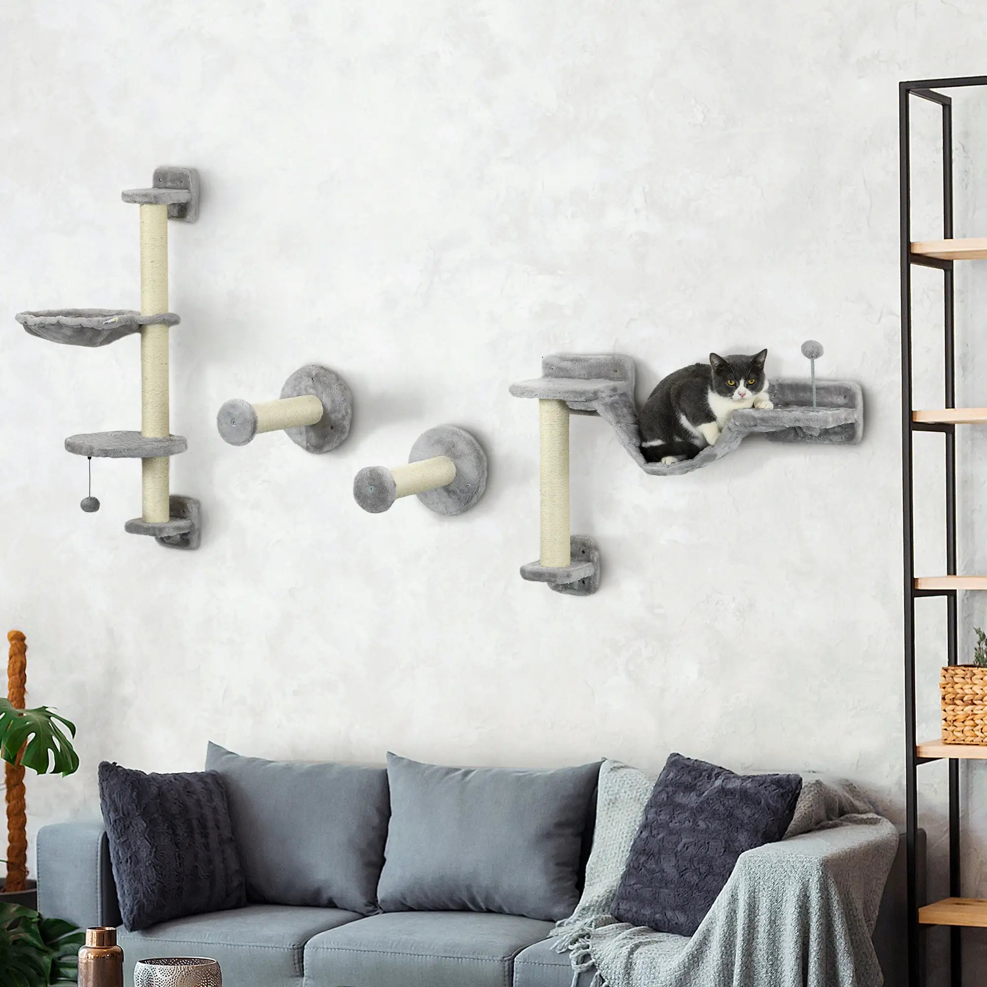 Four-Piece Cat Wall Furniture with Hammock, Perches, Ladder, Scratching Post, Grey