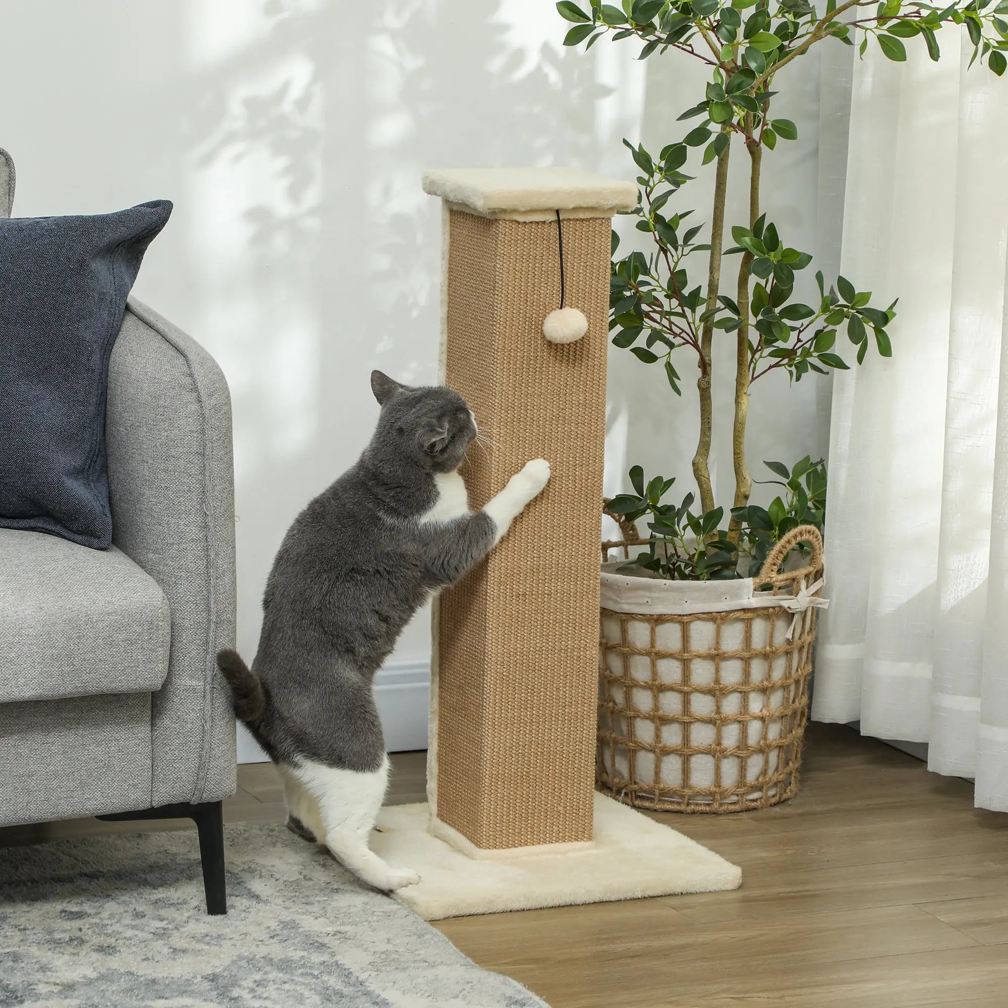 Cat Scratcher, Vertical Full Scratcher w/ Natural Jute Rope, Hanging Ball, Soft Plush - Beige