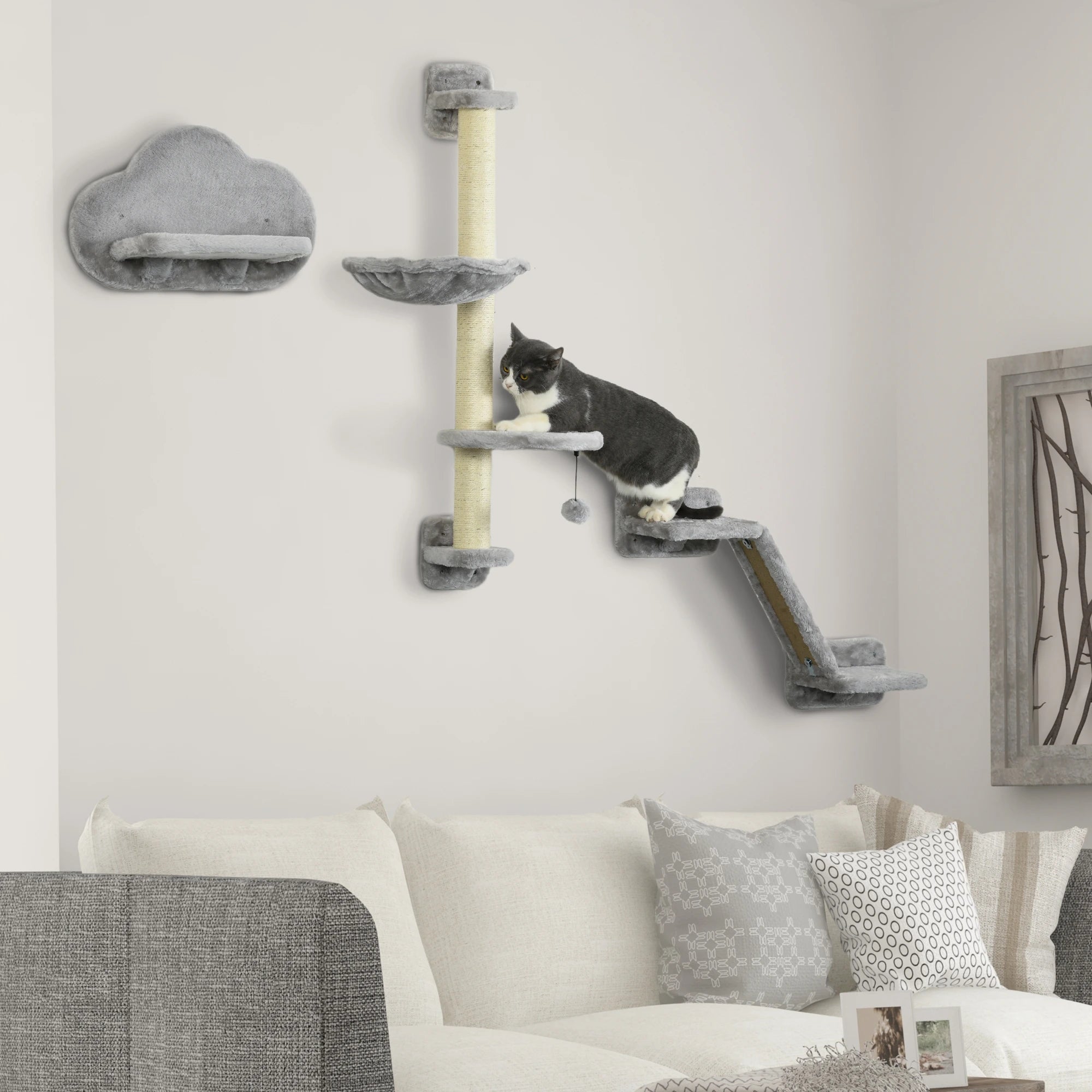 Three-Piece Wall-Mounted Cat Shelves, with Hammock, Ladder, Platforms, Scratching Post - Grey