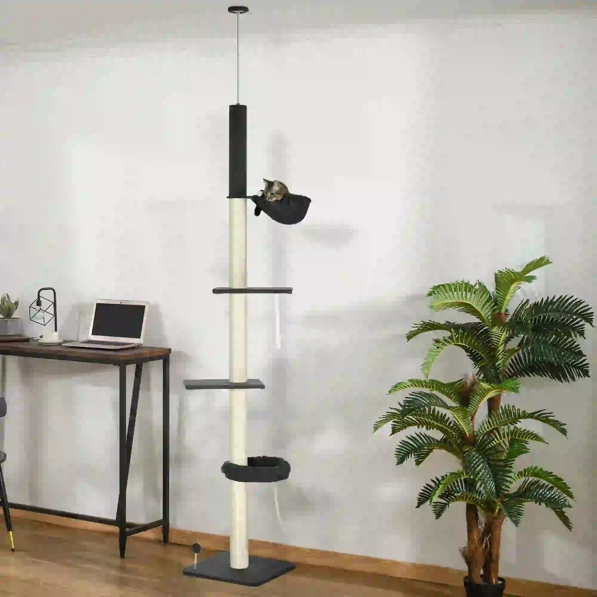 PawHut 240-270cm Floor-To-Ceiling Cat Tree, 5 Tier Cat Climbing Tower, with Bed, Hammock, Platforms, Black and Cream