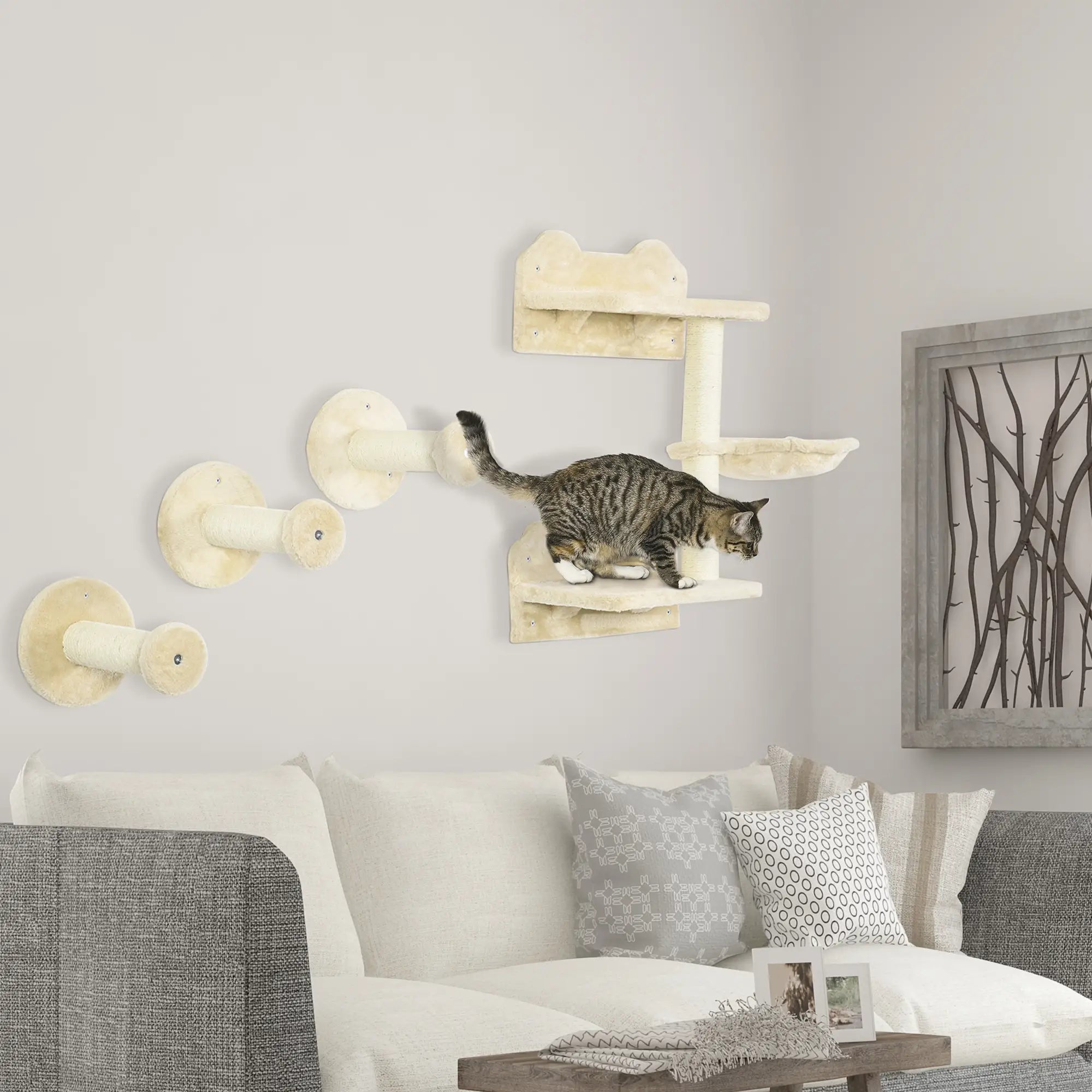 4 Piece Cat Shelf with Scratching Post, Wall-Mounted Cat Tree for Indoor Cat - Beige