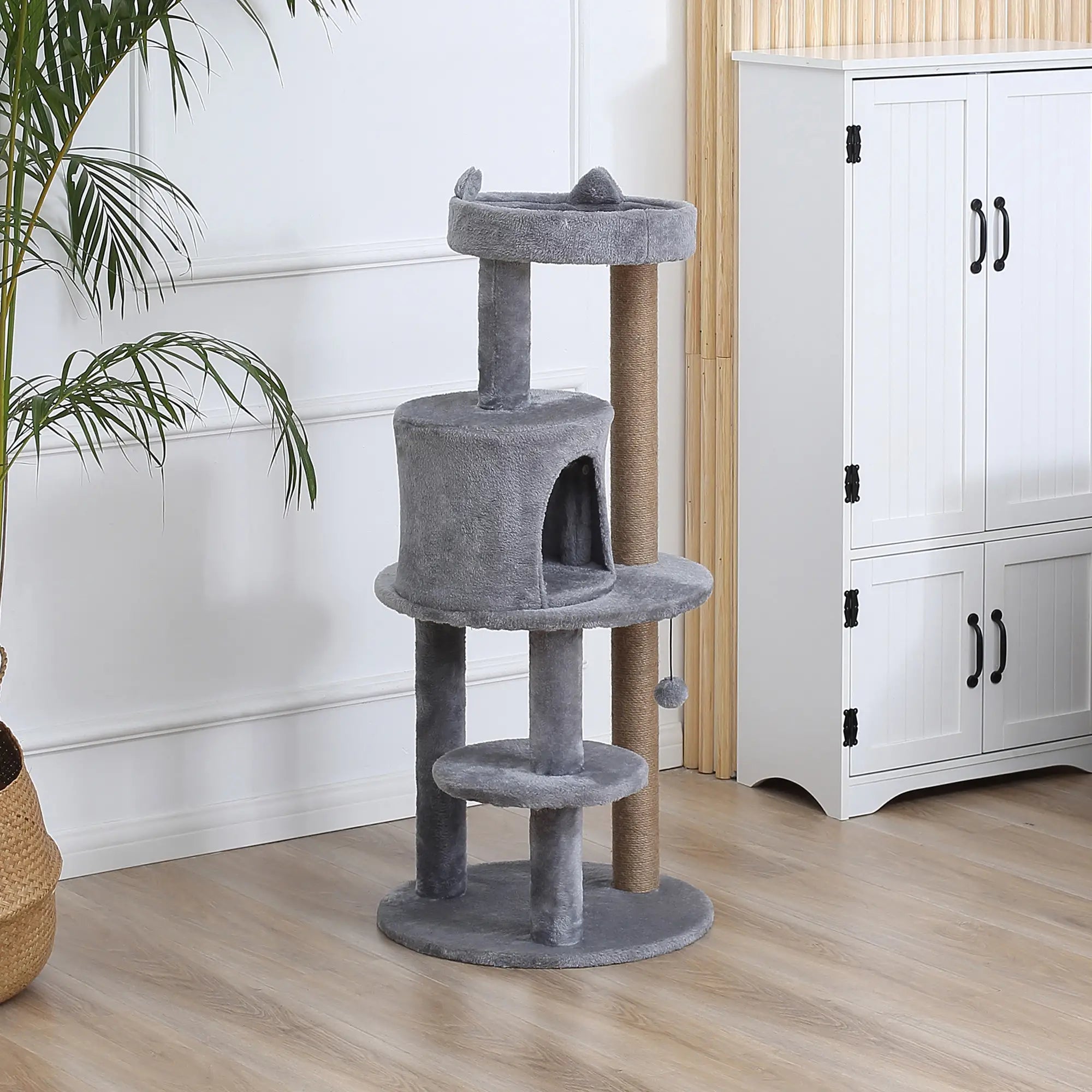104 cm Cat Tree, Cat Condo Tree Tower, Cat Activity Centre with Scratching Posts, Plush Perch, Hanging Ball - Grey