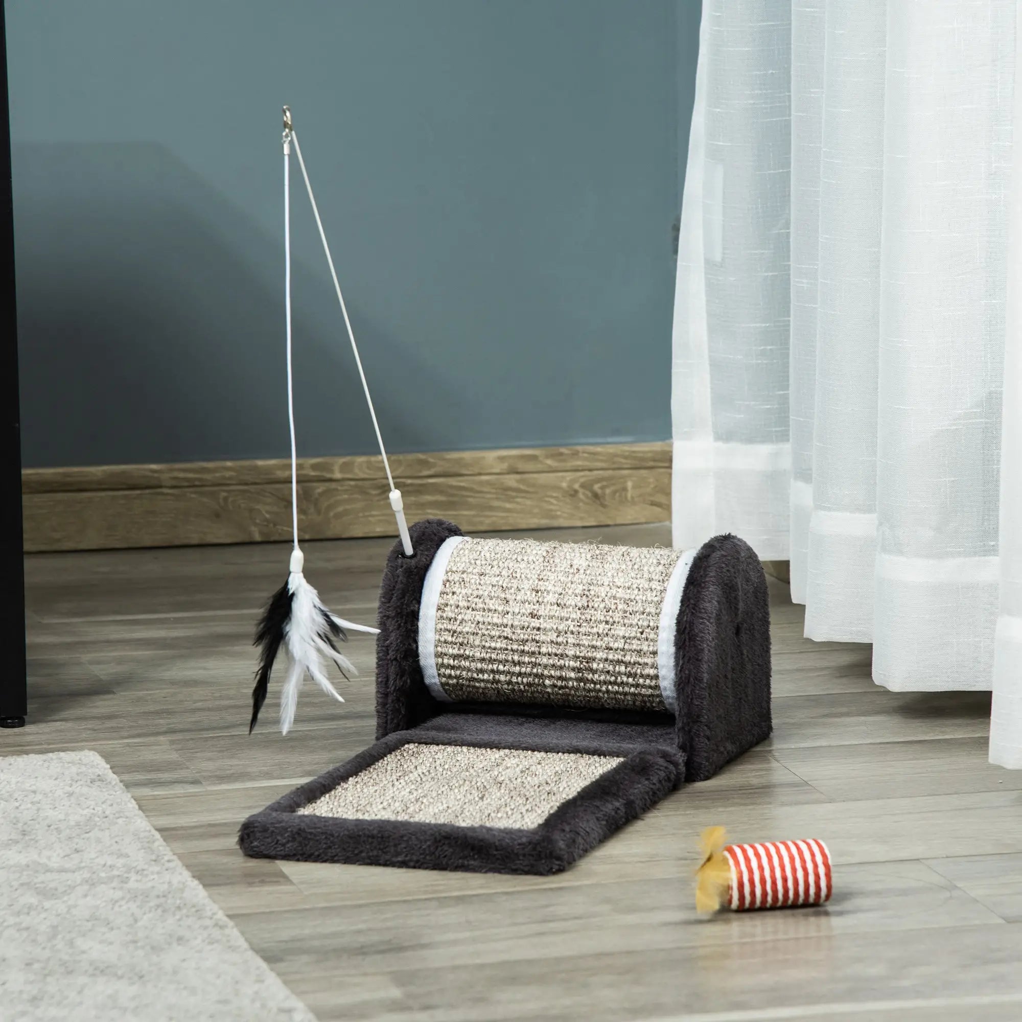 Cat Scratcher, Sisal Cat Scratching Board Mat Pad with Roller, Feather Toy, 44 x 24 x 16 cm, Grey