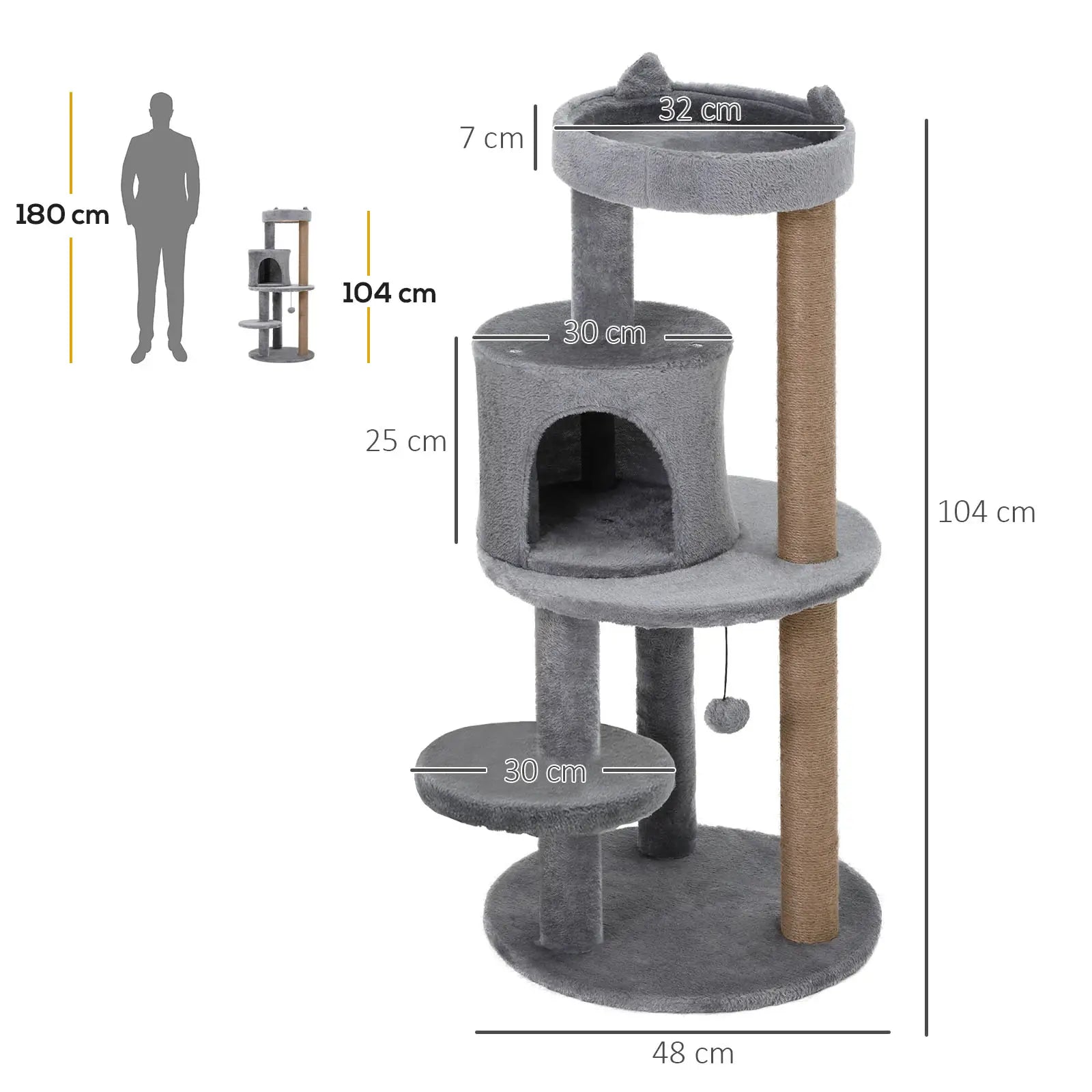 104 cm Cat Tree, Cat Condo Tree Tower, Cat Activity Centre with Scratching Posts, Plush Perch, Hanging Ball - Grey