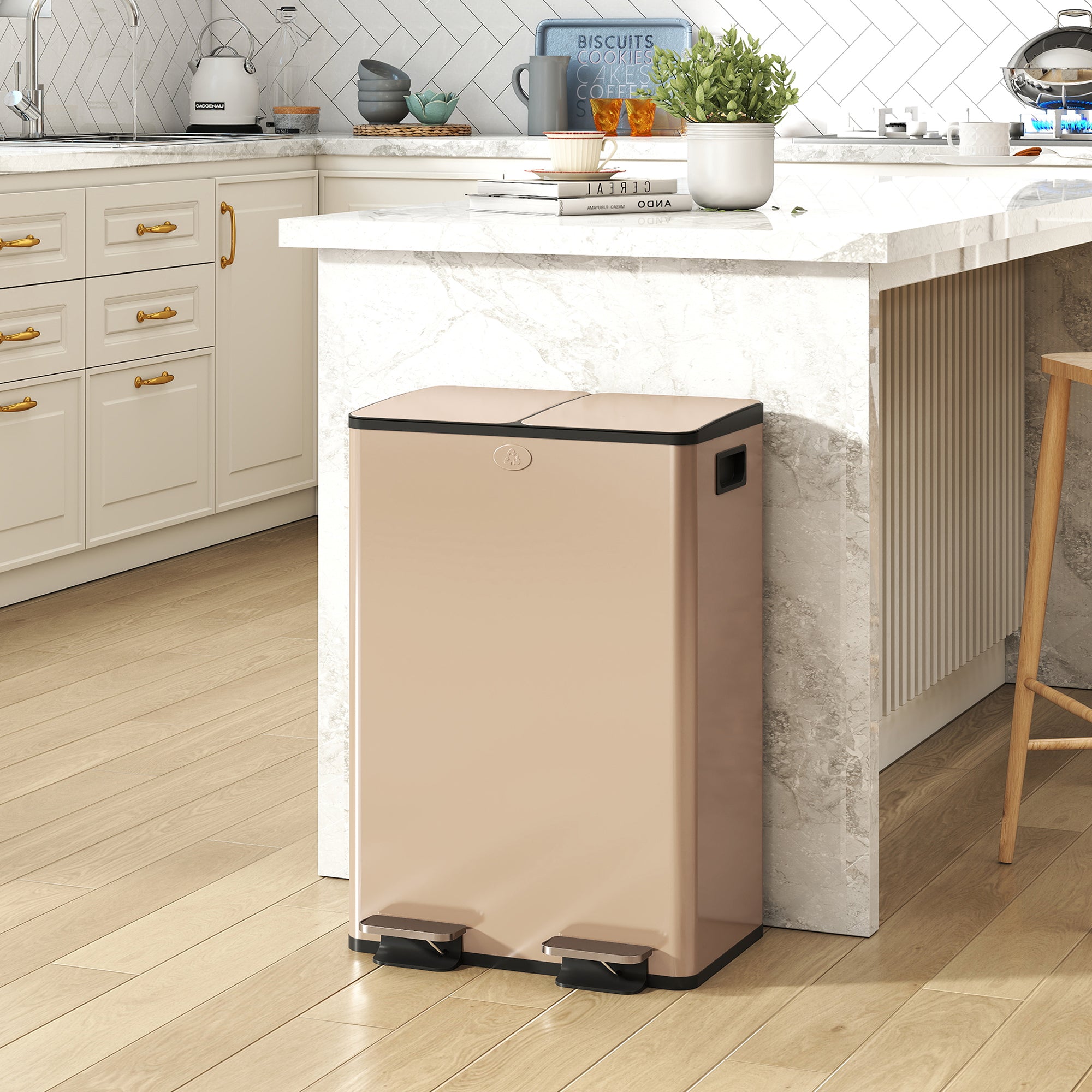 HOMCOM 2 x 28L Dual Kitchen Bin Pedal Bin for Recycling and Waste, Gold Tone