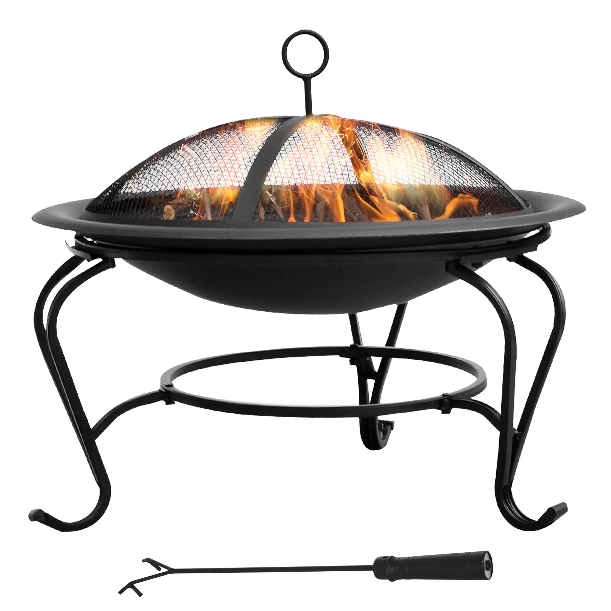 Metal Firepit Bowl Outdoor Round Fire Pit w/ Lid, Log Grate, Poker for Backyard, Camping, BBQ, Bonfire, Wood Burning Stove, 56 x 56 x 45cm, Black
