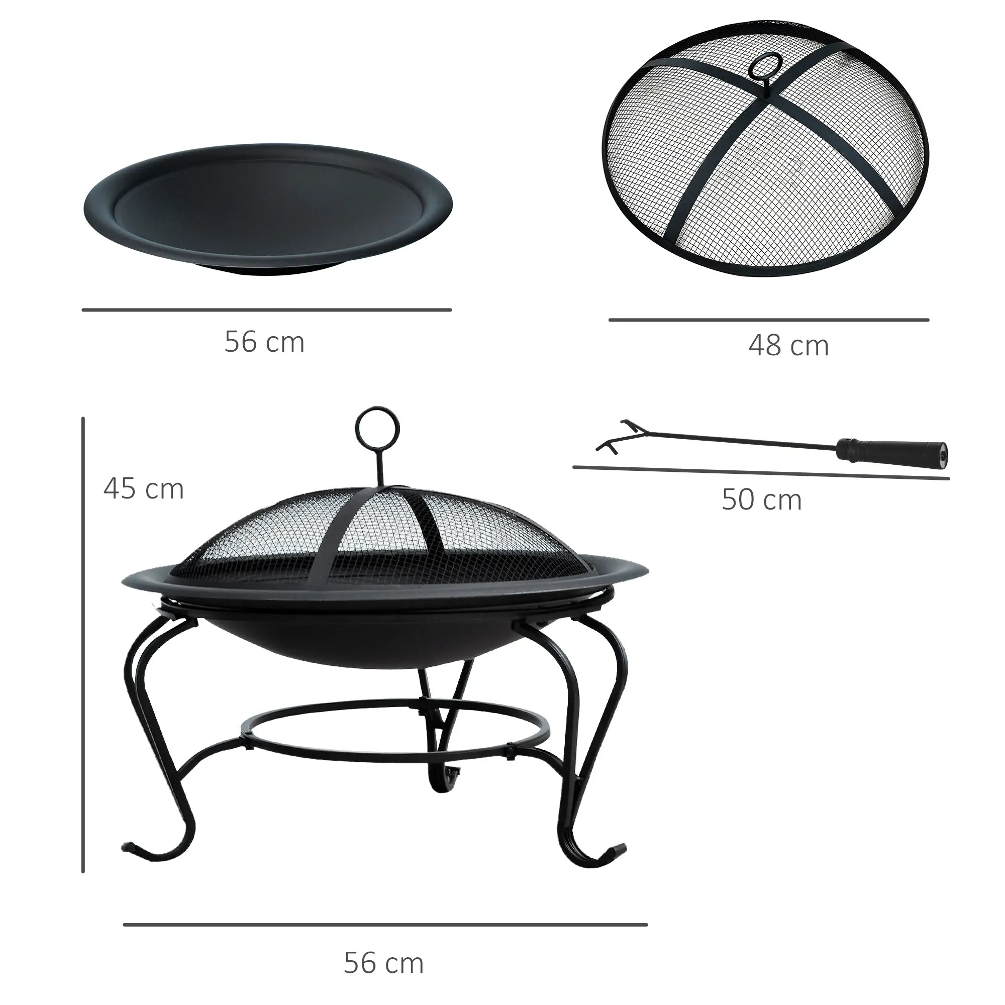 Metal Firepit Bowl Outdoor Round Fire Pit w/ Lid, Log Grate, Poker for Backyard, Camping, BBQ, Bonfire, Wood Burning Stove, 56 x 56 x 45cm, Black