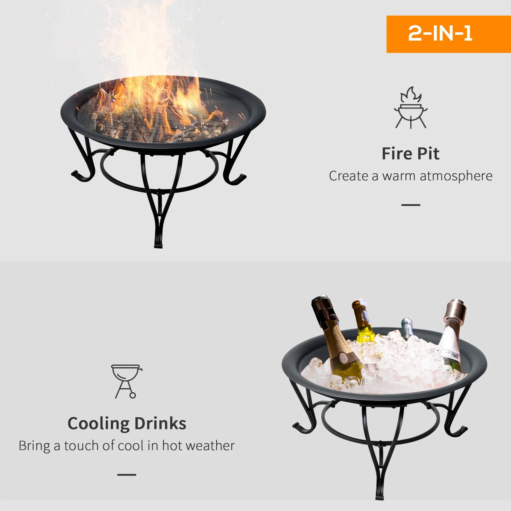 Metal Firepit Bowl Outdoor Round Fire Pit w/ Lid, Log Grate, Poker for Backyard, Camping, BBQ, Bonfire, Wood Burning Stove, 56 x 56 x 45cm, Black
