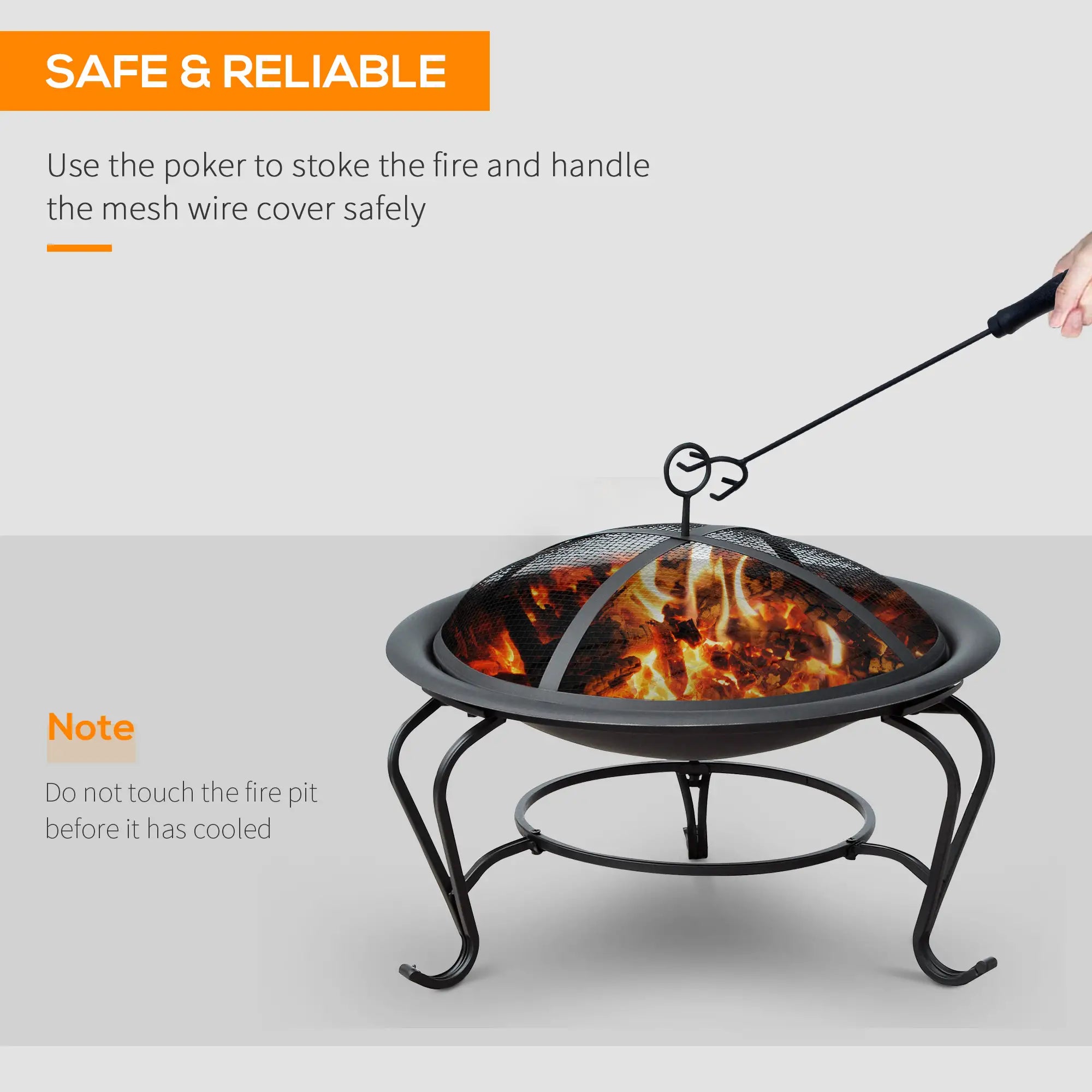 Metal Firepit Bowl Outdoor Round Fire Pit w/ Lid, Log Grate, Poker for Backyard, Camping, BBQ, Bonfire, Wood Burning Stove, 56 x 56 x 45cm, Black