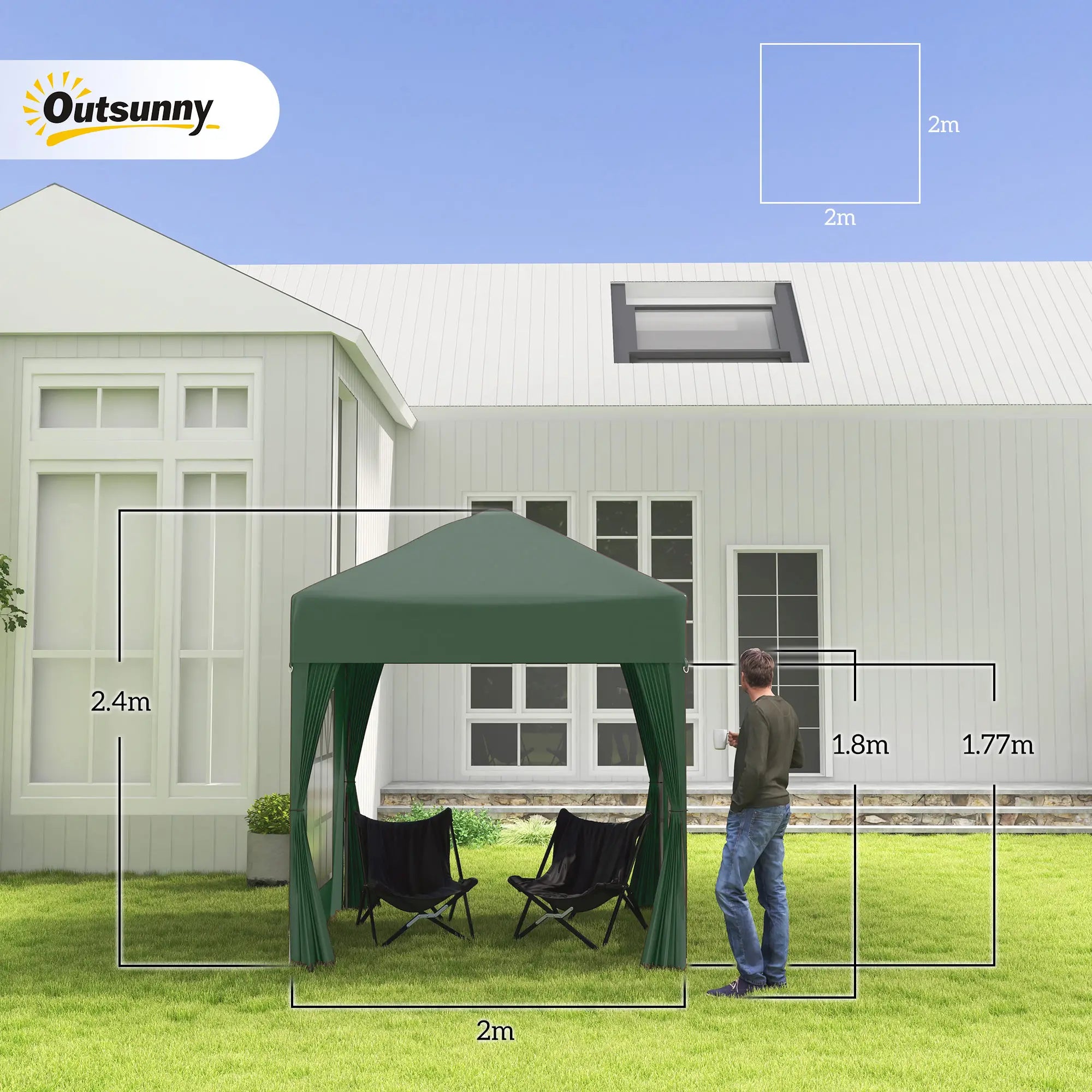 2 x 2 m Garden Pop Up Gazebo, Wedding Party Tent Marquee, Water Resistant Awning Canopy with Sidewalls, Windows, Carry Bag, Green