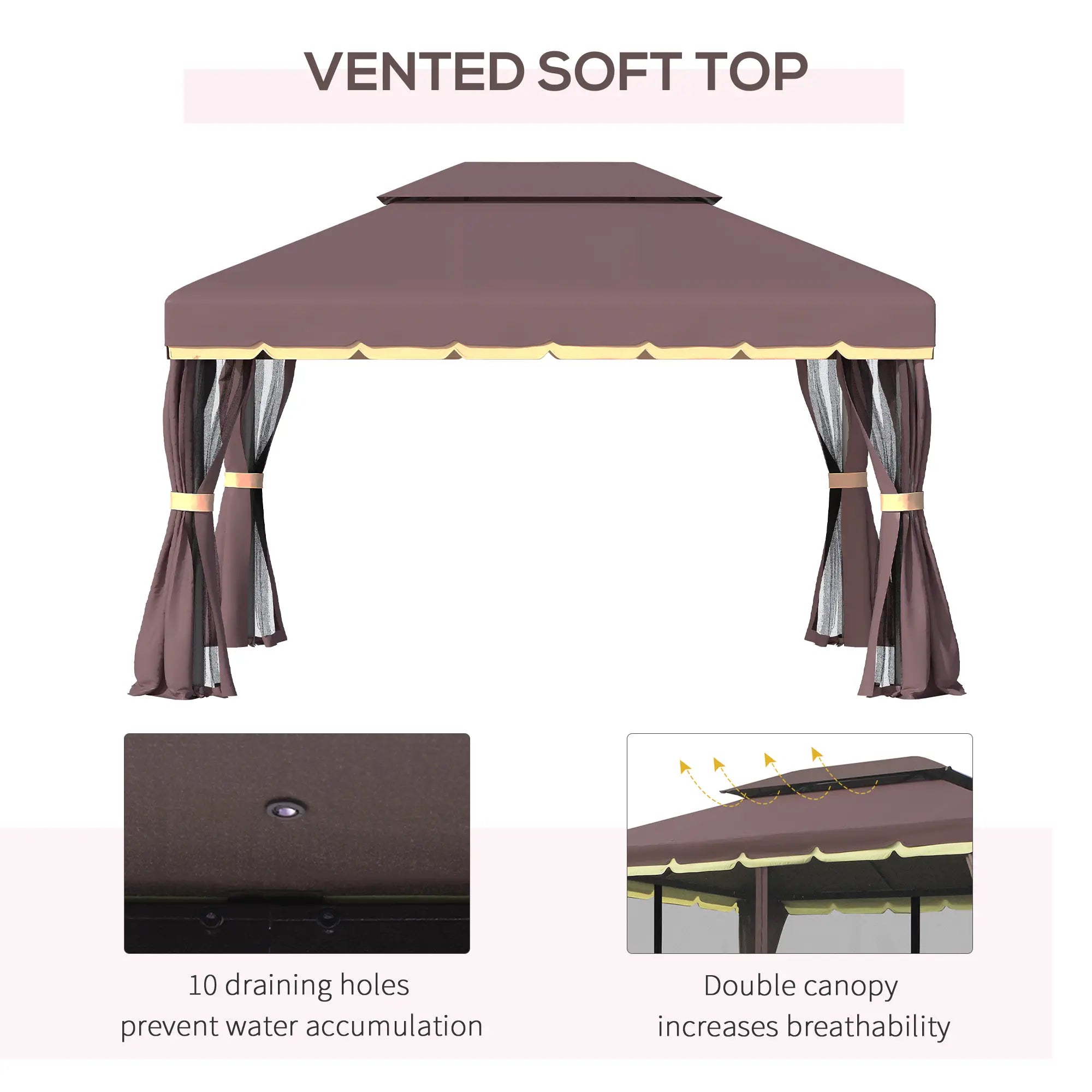 3 x 4m Aluminium Garden Gazebo, Marquee Canopy Shelter Pavilion Party Tent with Nets and Curtains for Garden and Deck, Coffee
