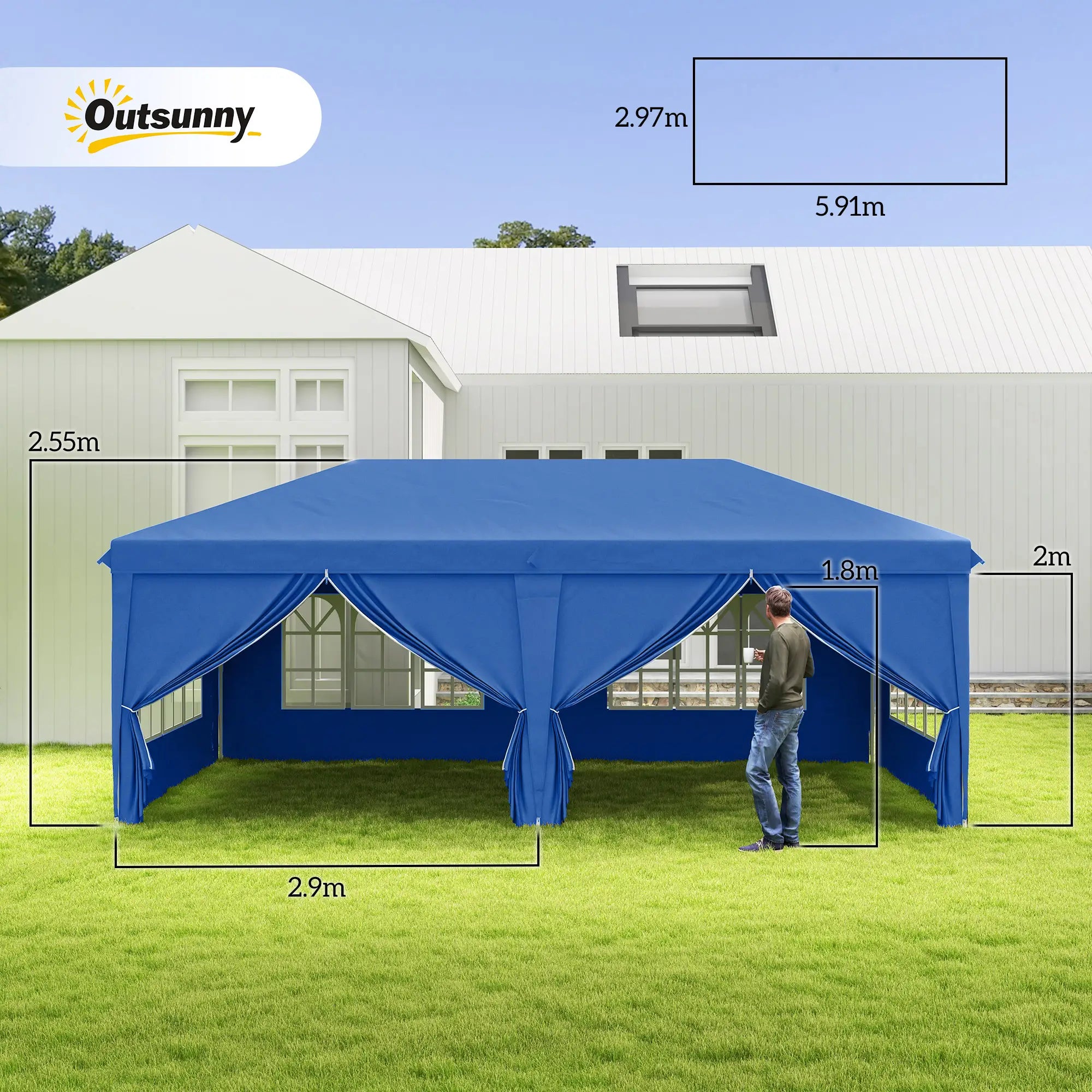 3 x 6 m Garden Pop Up Gazebo, Wedding Party Tent Marquee, Water Resistant Awning Canopy with Sidewalls, Windows, Carry Bag, Blue
