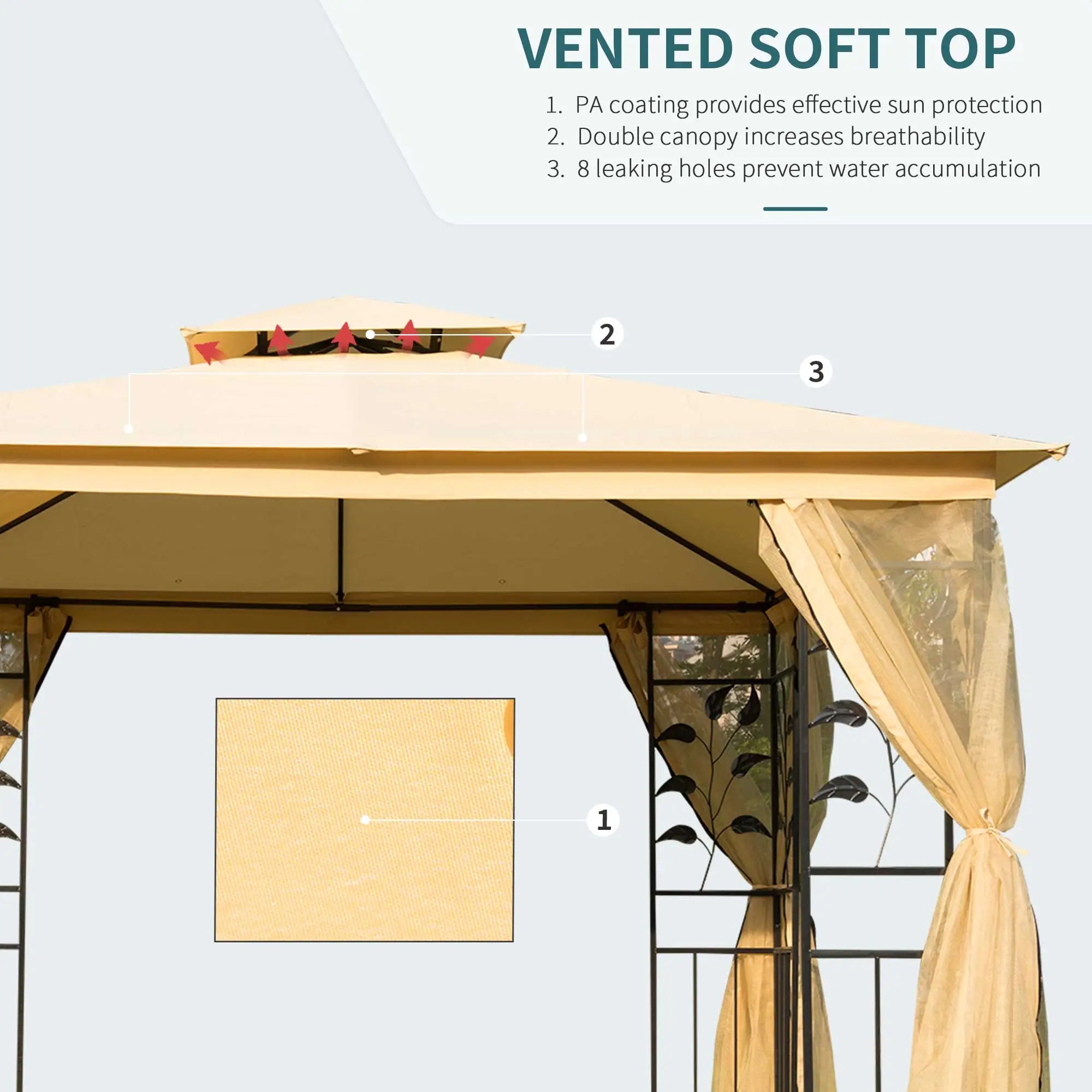 3(m) x 3(m) Garden Gazebo, Double Roof Outdoor Gazebo Canopy Shelter with Netting, Solid Steel Frame, for Garden, Lawn and Deck, Beige