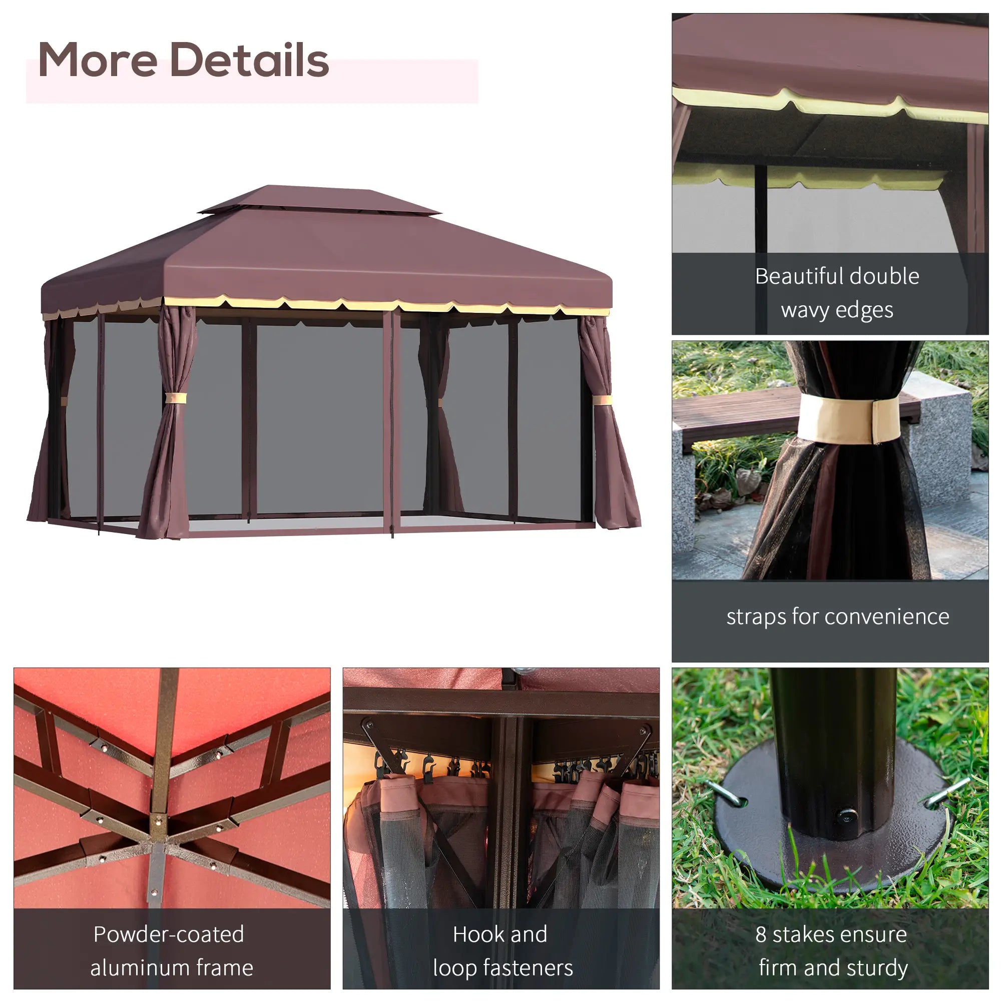 3 x 4m Aluminium Garden Gazebo, Marquee Canopy Shelter Pavilion Party Tent with Nets and Curtains for Garden and Deck, Coffee
