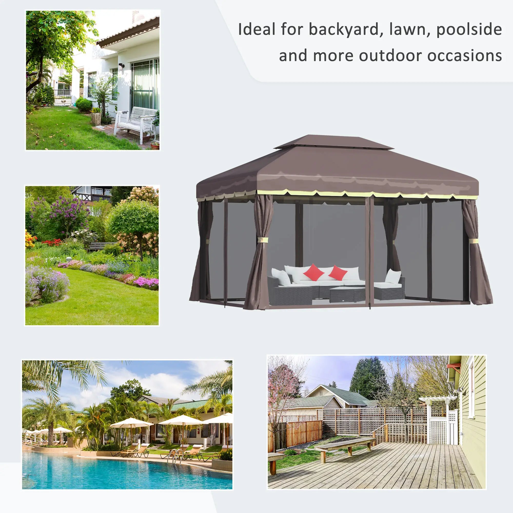 3 x 4m Aluminium Garden Gazebo, Marquee Canopy Shelter Pavilion Party Tent with Nets and Curtains for Garden and Deck, Coffee