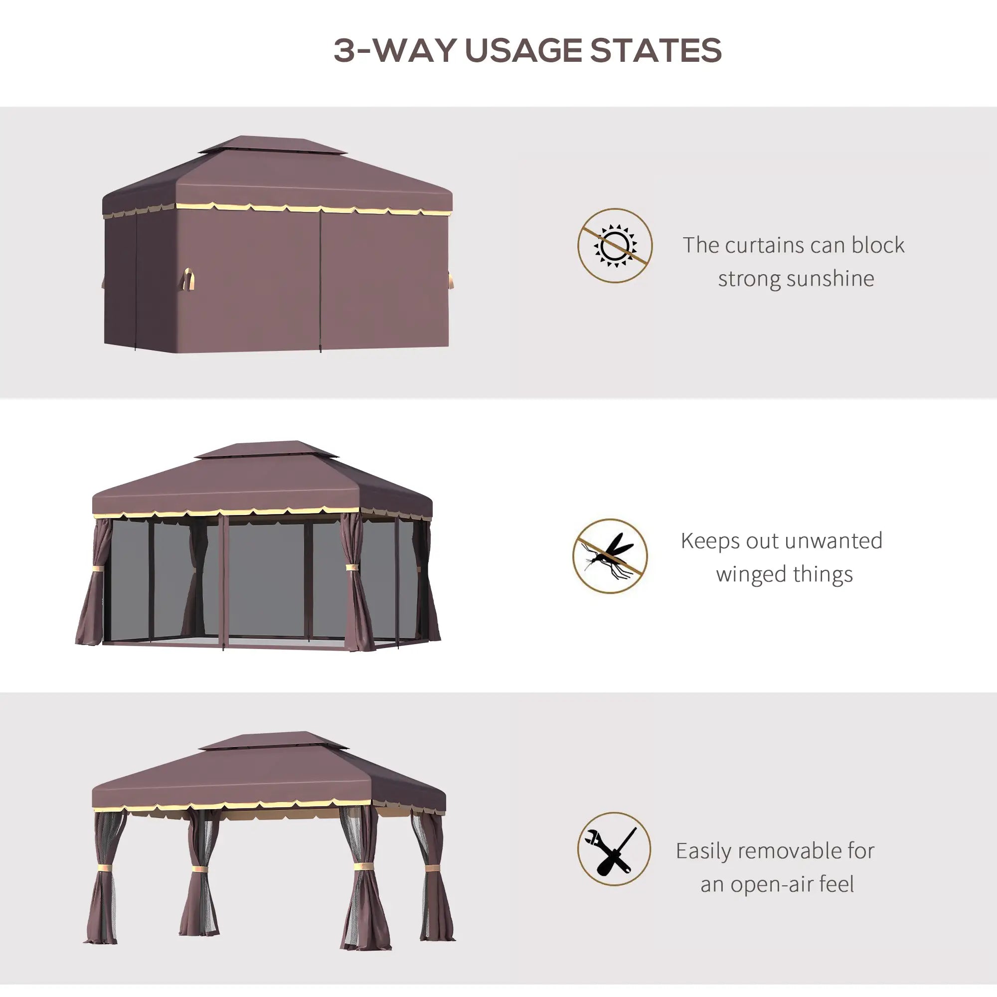 3 x 4m Aluminium Garden Gazebo, Marquee Canopy Shelter Pavilion Party Tent with Nets and Curtains for Garden and Deck, Coffee