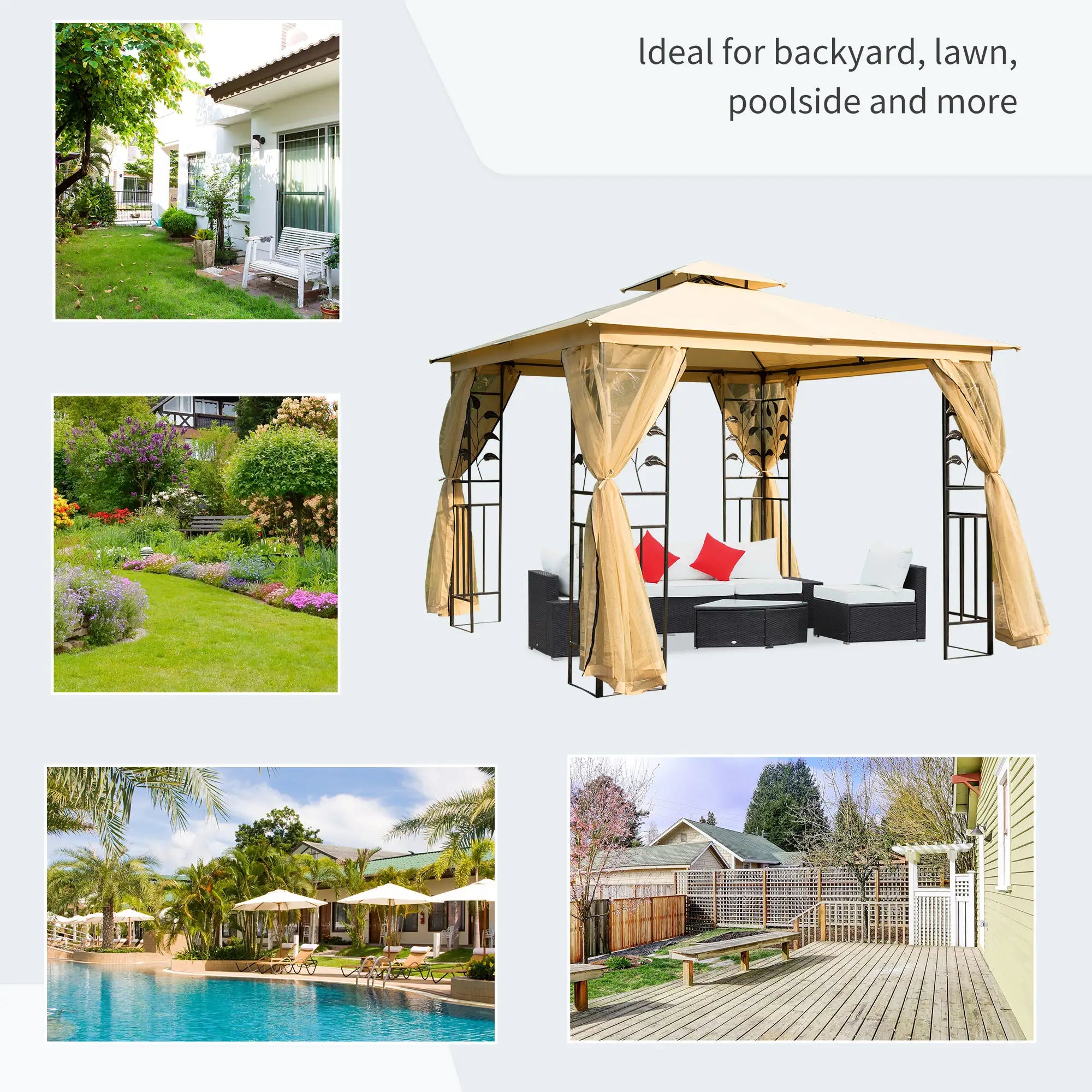 3(m) x 3(m) Garden Gazebo, Double Roof Outdoor Gazebo Canopy Shelter with Netting, Solid Steel Frame, for Garden, Lawn and Deck, Beige