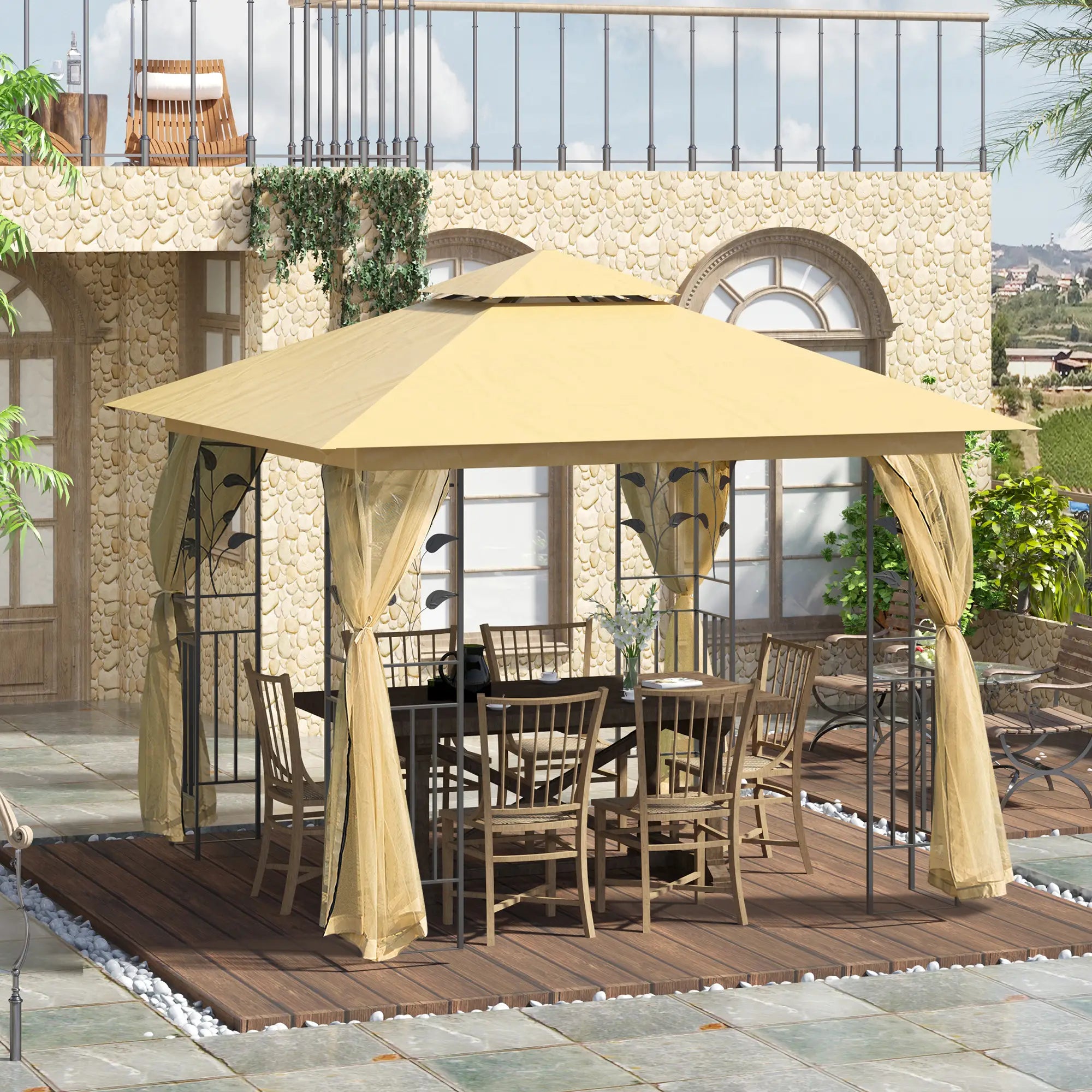 3(m) x 3(m) Garden Gazebo, Double Roof Outdoor Gazebo Canopy Shelter with Netting, Solid Steel Frame, for Garden, Lawn and Deck, Beige