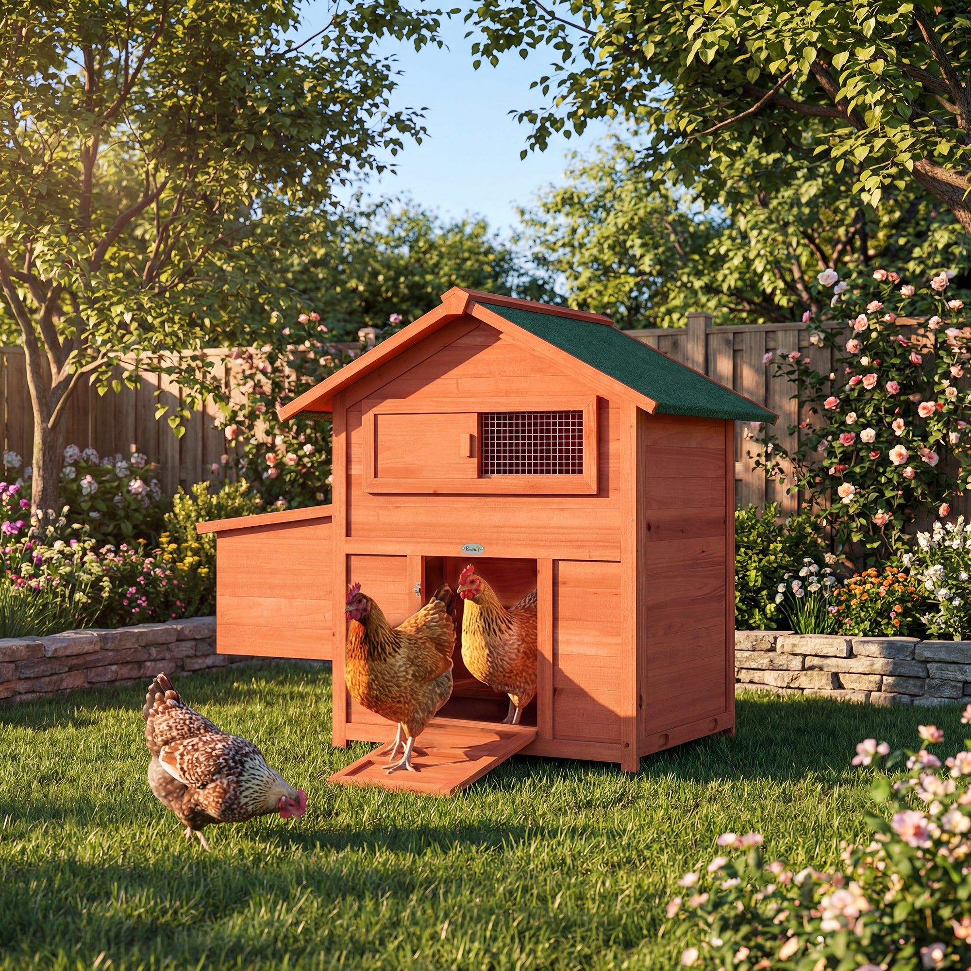 PawHut Chicken Coop, Wooden Hen House with Nesting Box, Pull-Out Tray