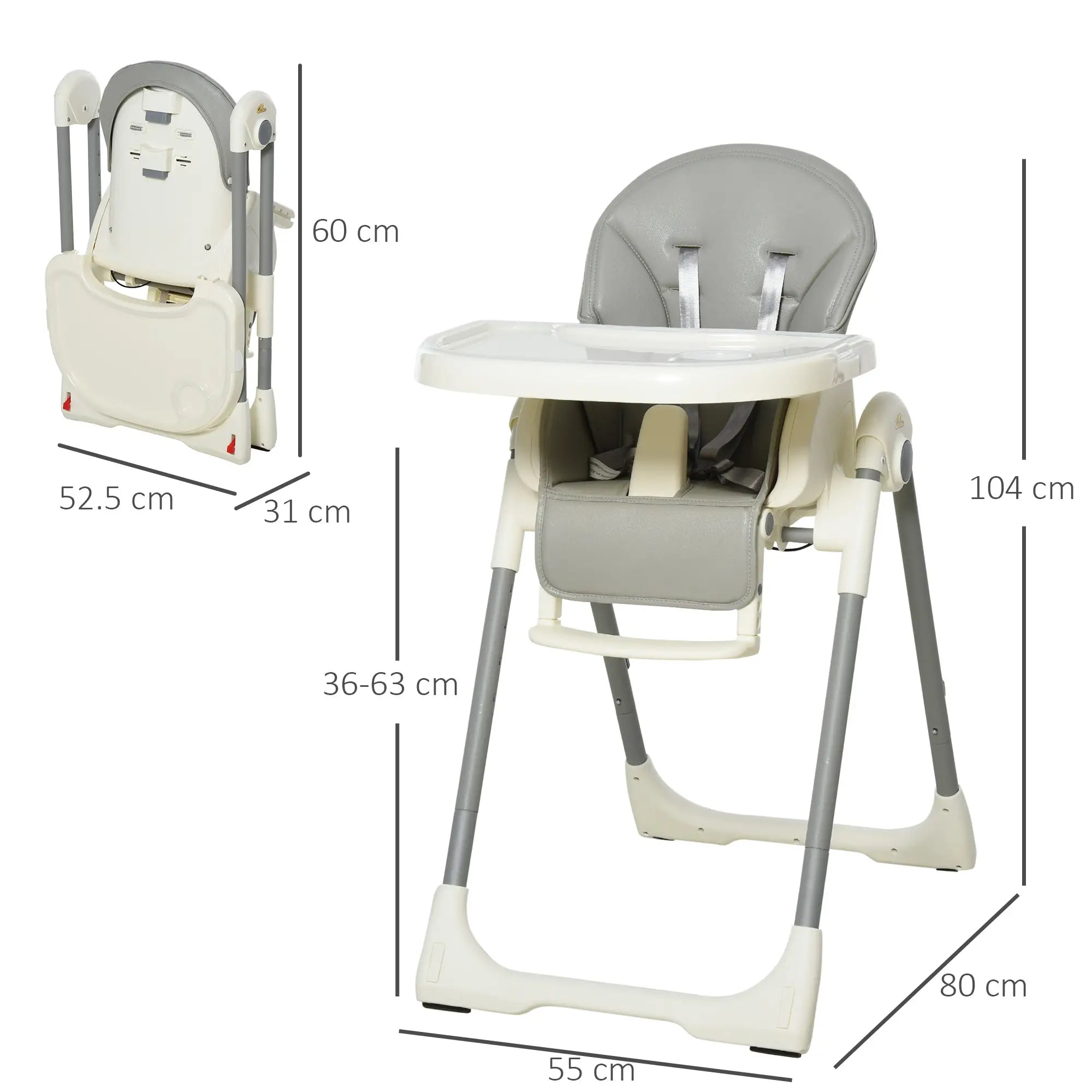 Foldable Baby High Chair Convertible Feeding Chair Height Adjustable with Adjustable Backrest Footrest and Removable Tray 5 Point Safety Harness for Kids 6 - 36 Months Grey