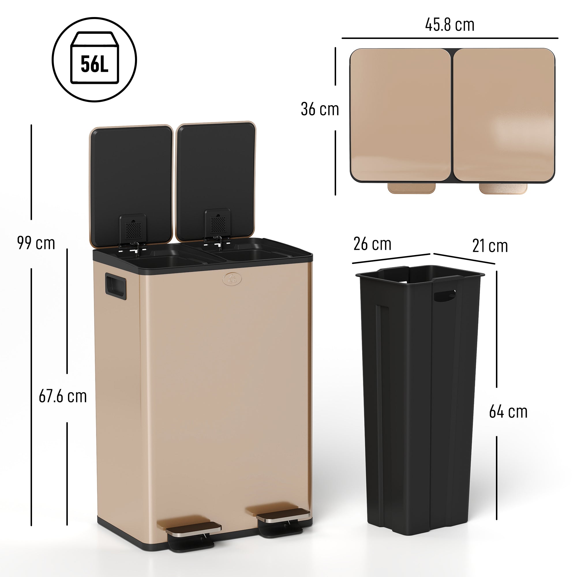 HOMCOM 2 x 28L Dual Kitchen Bin Pedal Bin for Recycling and Waste, Gold Tone