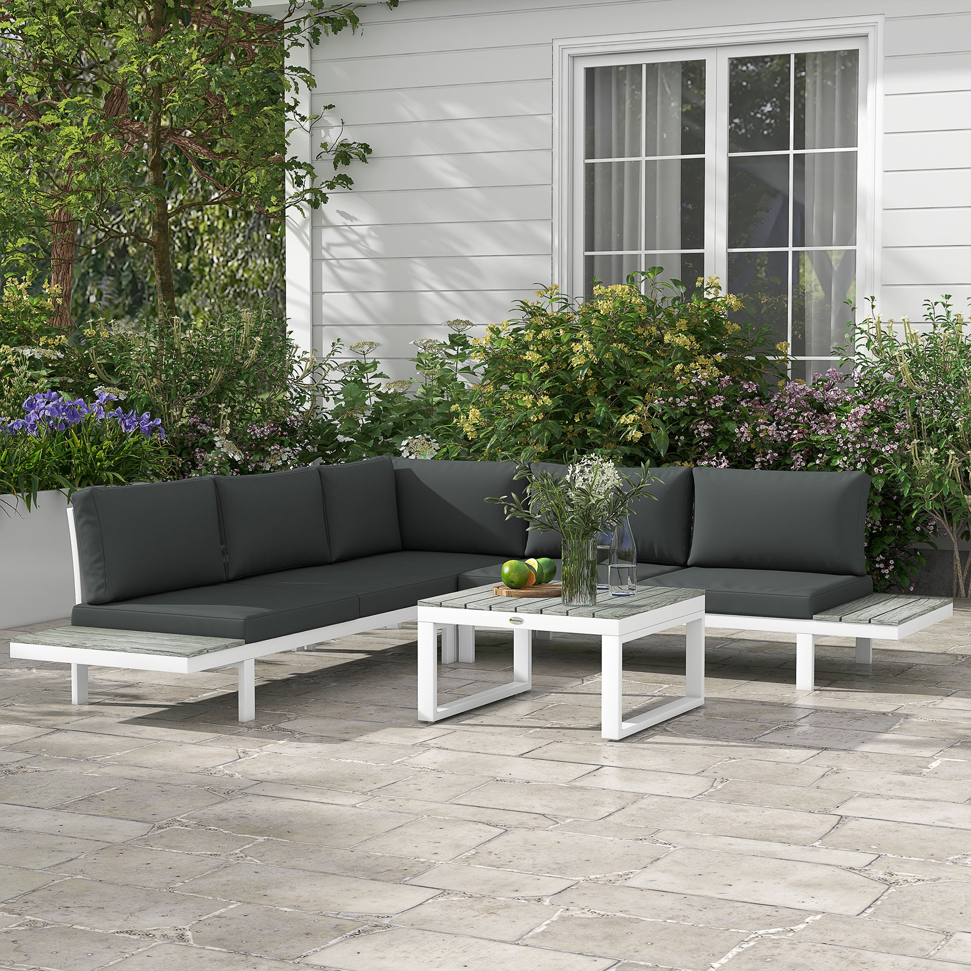 Outsunny 4 PCs Garden Set w/ 5-Level Recline Corner Conversation Sofa Set White