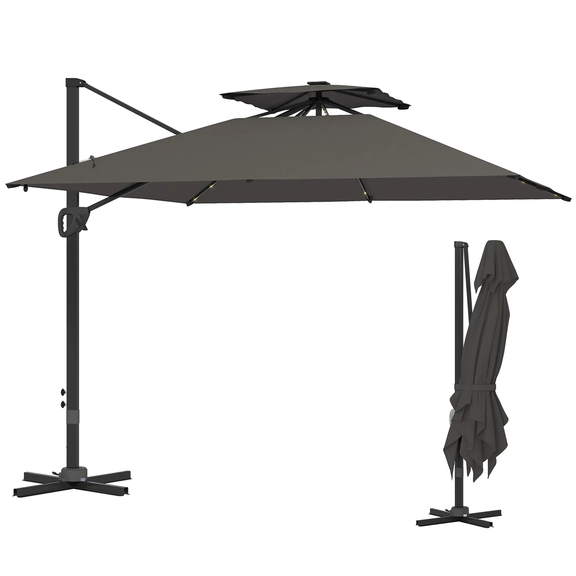 .5x3 m Garden Cantilever Parasol with Solar LED Lights and Centre Light, Aluminium Large Square Patio Umbrella, UPF50+ Hanging Sun Shade with Cross Base, Crank Handle and Tilt, Grey
