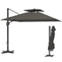 .5x3 m Garden Cantilever Parasol with Solar LED Lights and Centre Light, Aluminium Large Square Patio Umbrella, UPF50+ Hanging Sun Shade with Cross Base, Crank Handle and Tilt, Grey