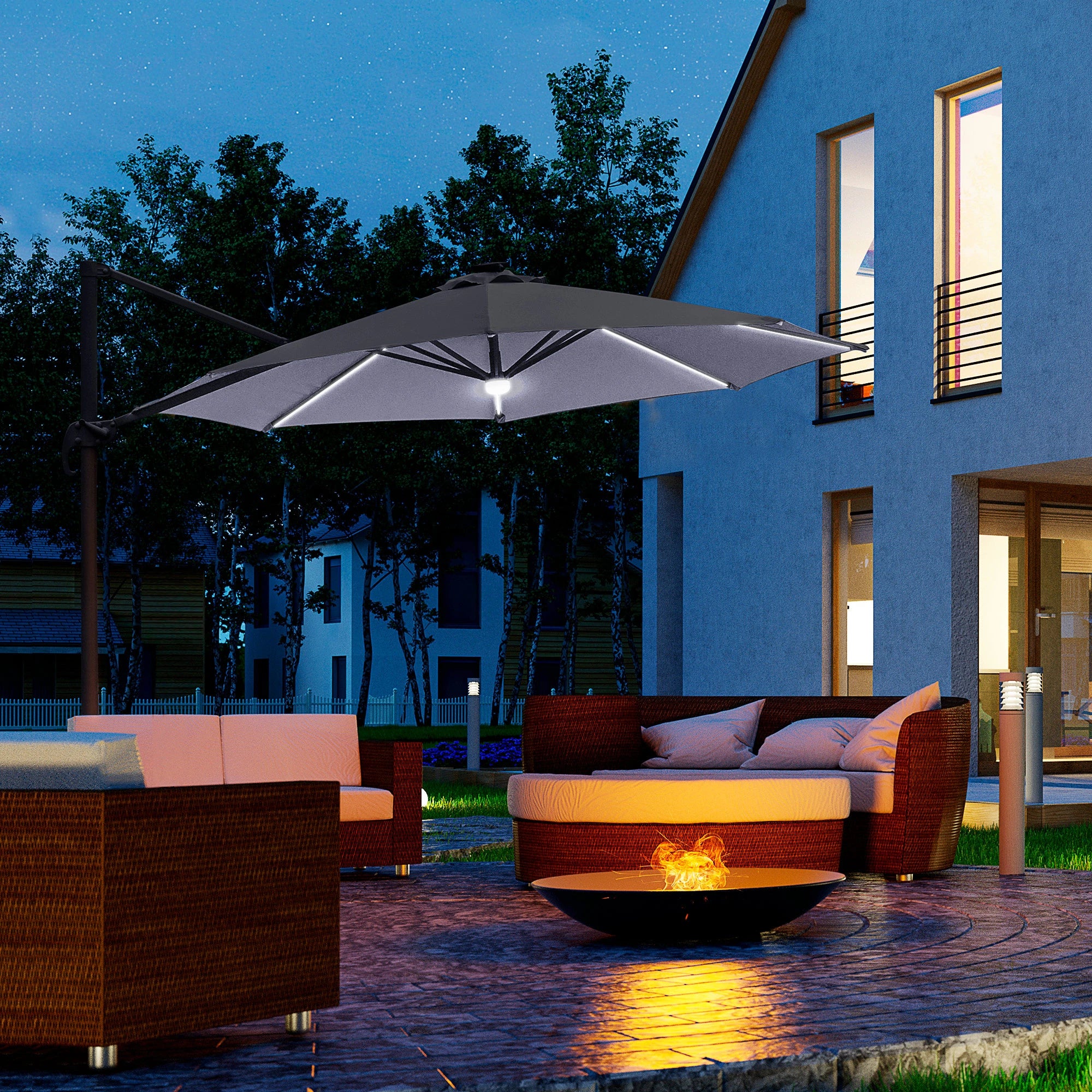 3(m) LED Cantilever Parasol Outdoor Sun Umbrella w/ Base Solar Lights Grey