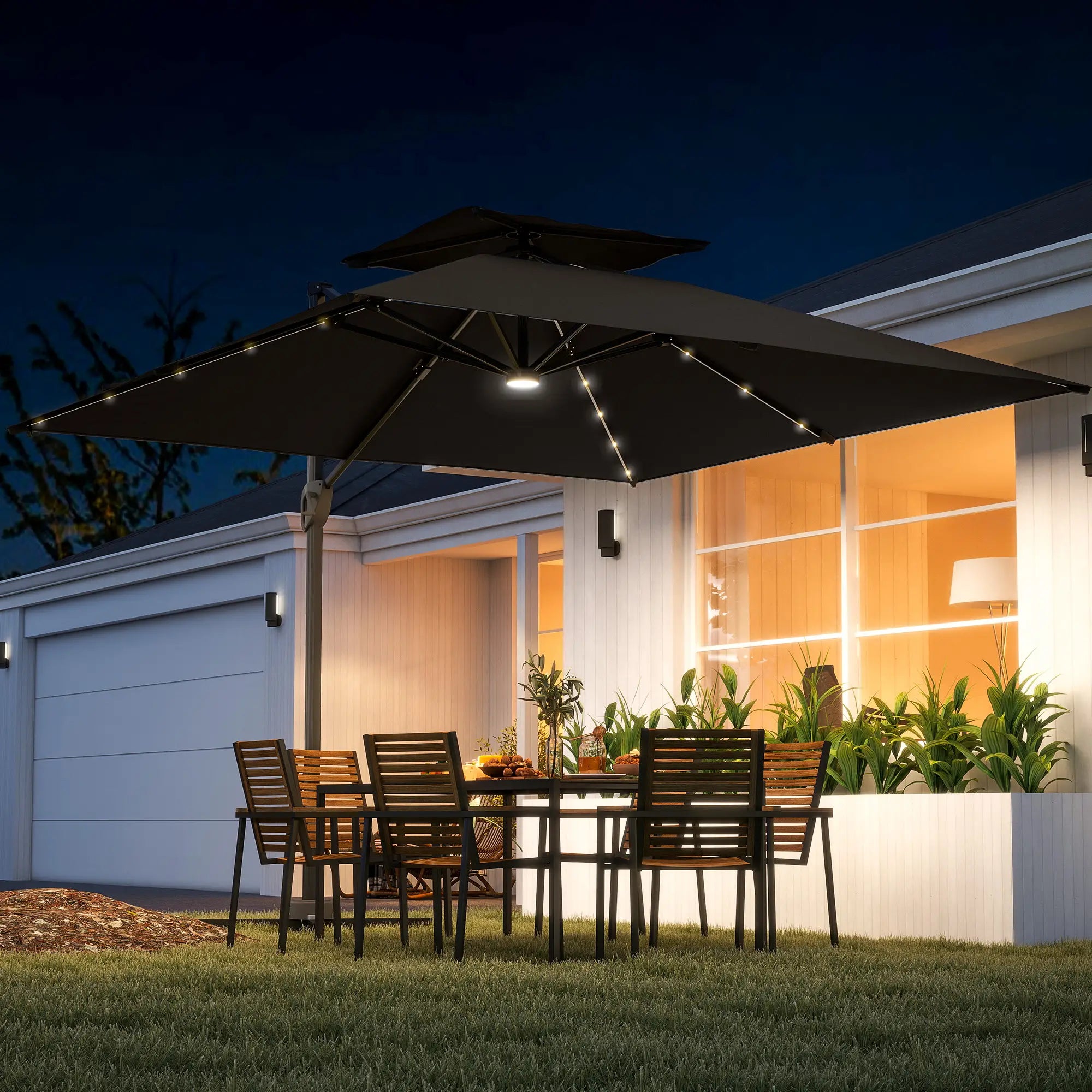.5x3 m Garden Cantilever Parasol with Solar LED Lights and Centre Light, Aluminium Large Square Patio Umbrella, UPF50+ Hanging Sun Shade with Cross Base, Crank Handle and Tilt, Grey