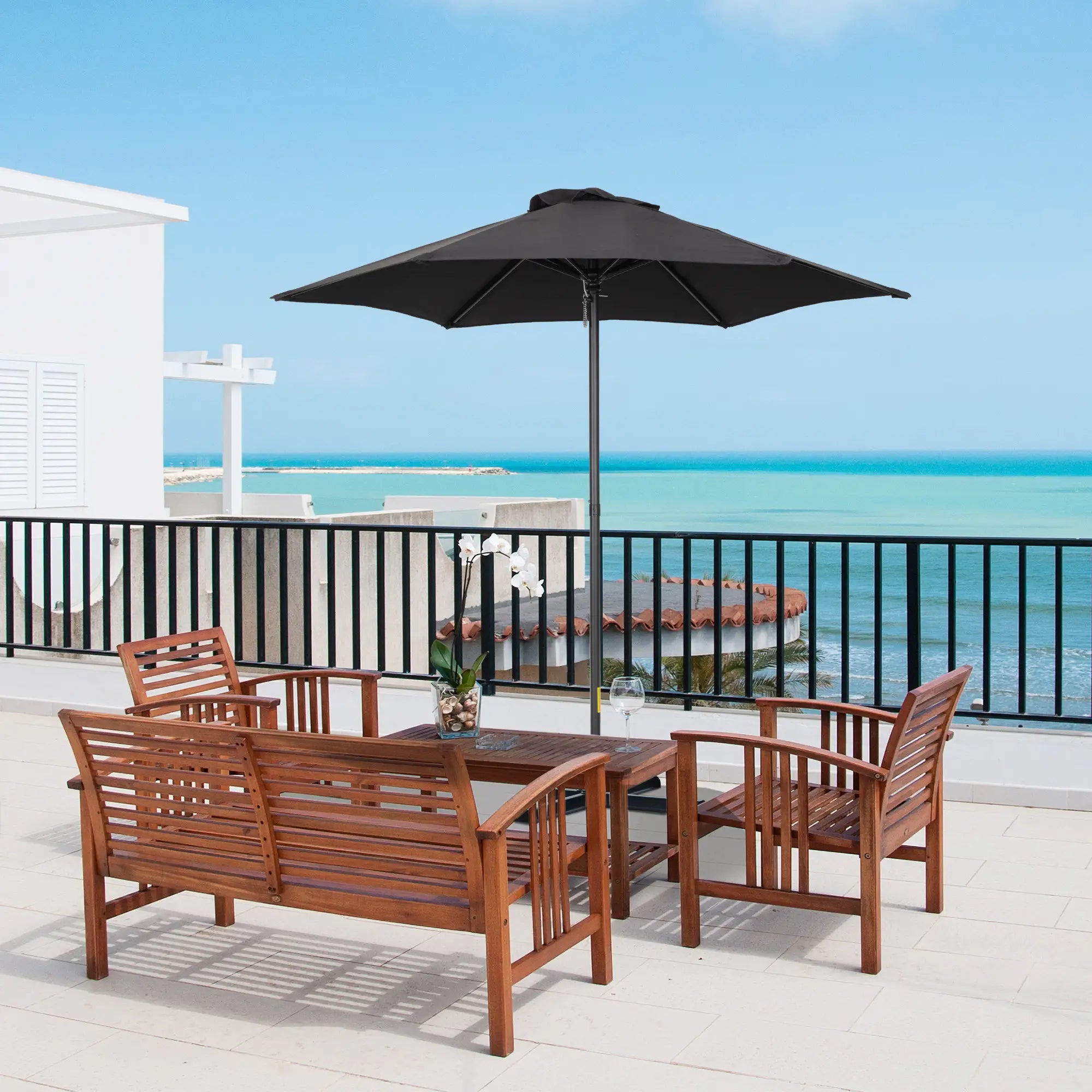 2m Garden Parasol Umbrella, Outdoor Sun Shade with 6 Sturdy Ribs for Balcony, Bench, Garden, Black