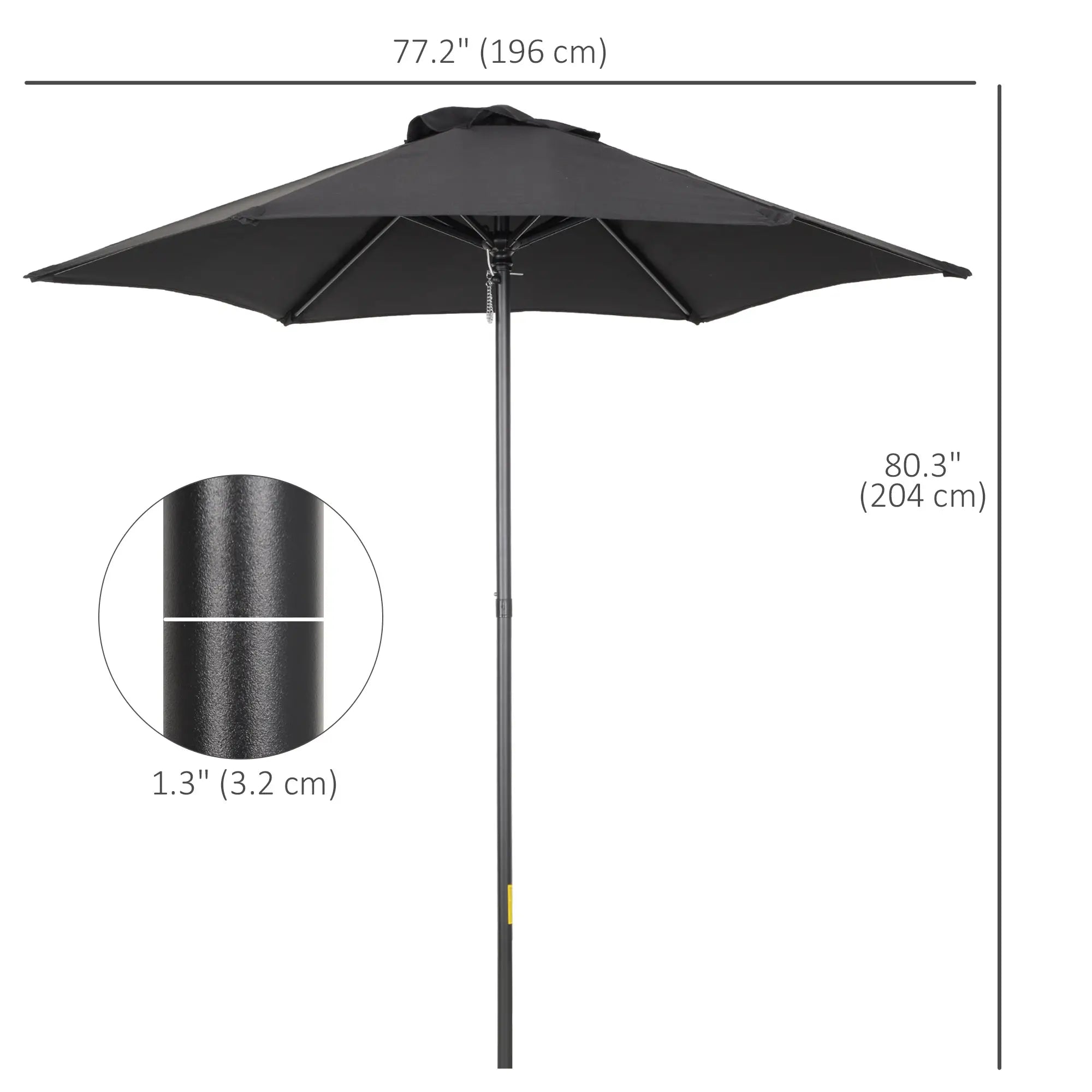 2m Garden Parasol Umbrella, Outdoor Sun Shade with 6 Sturdy Ribs for Balcony, Bench, Garden, Black