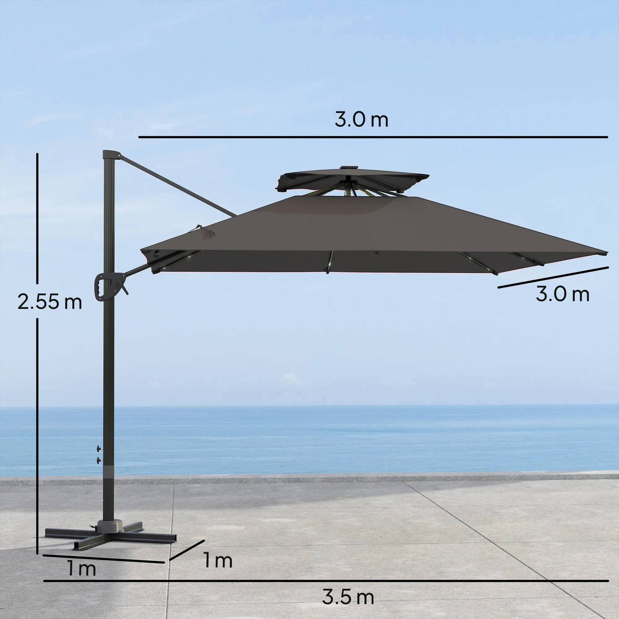 .5x3 m Garden Cantilever Parasol with Solar LED Lights and Centre Light, Aluminium Large Square Patio Umbrella, UPF50+ Hanging Sun Shade with Cross Base, Crank Handle and Tilt, Grey