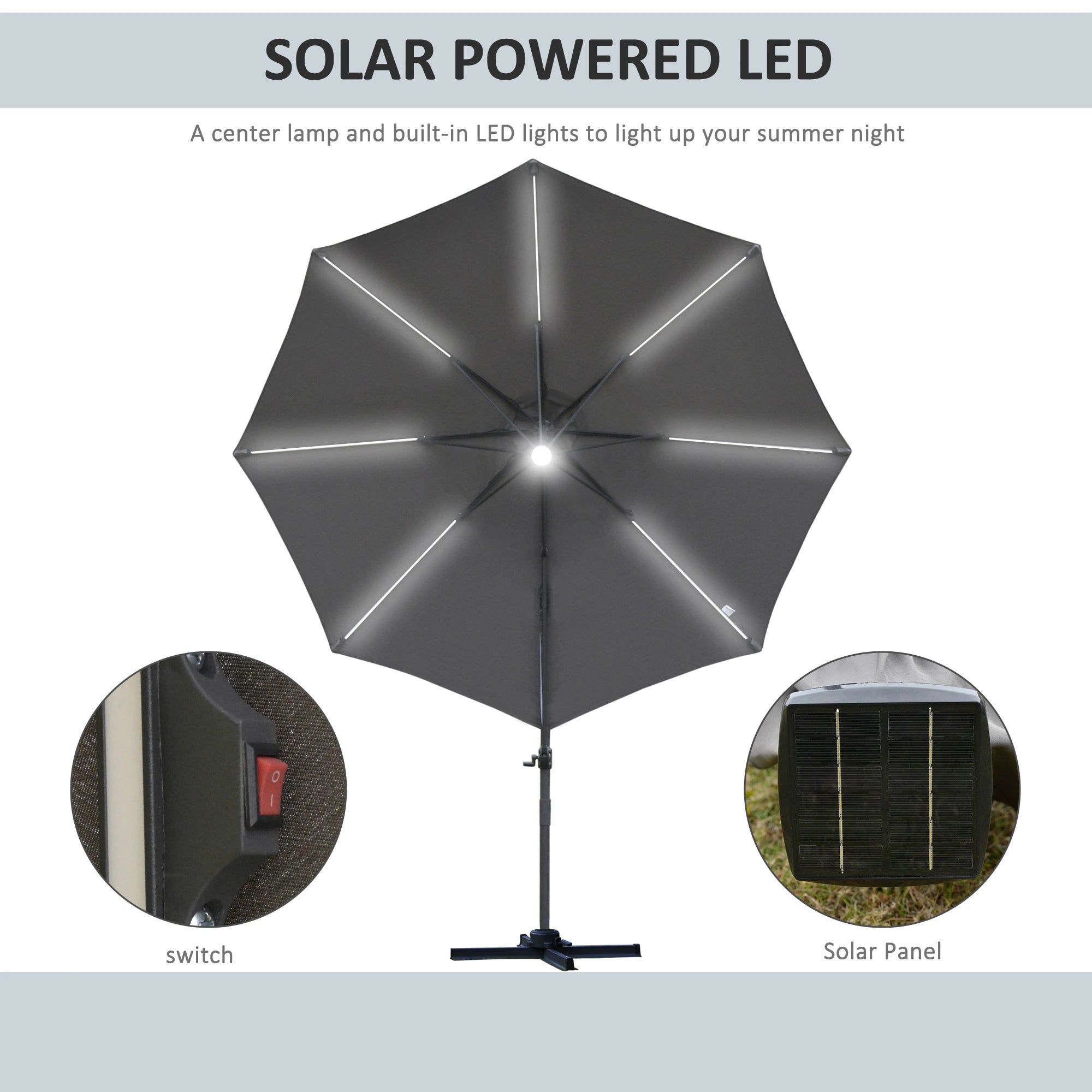 3(m) LED Cantilever Parasol Outdoor Sun Umbrella w/ Base Solar Lights Grey