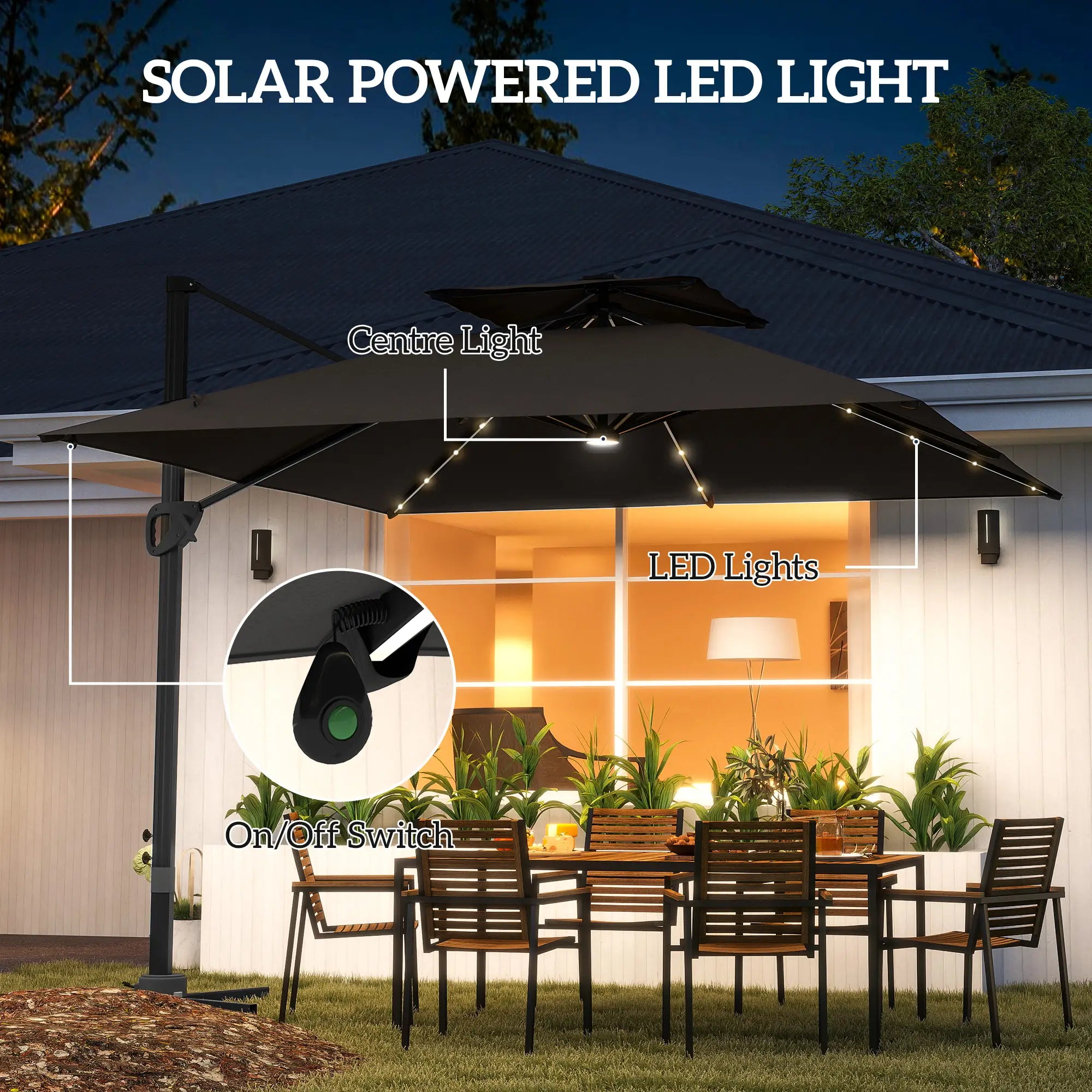 .5x3 m Garden Cantilever Parasol with Solar LED Lights and Centre Light, Aluminium Large Square Patio Umbrella, UPF50+ Hanging Sun Shade with Cross Base, Crank Handle and Tilt, Grey