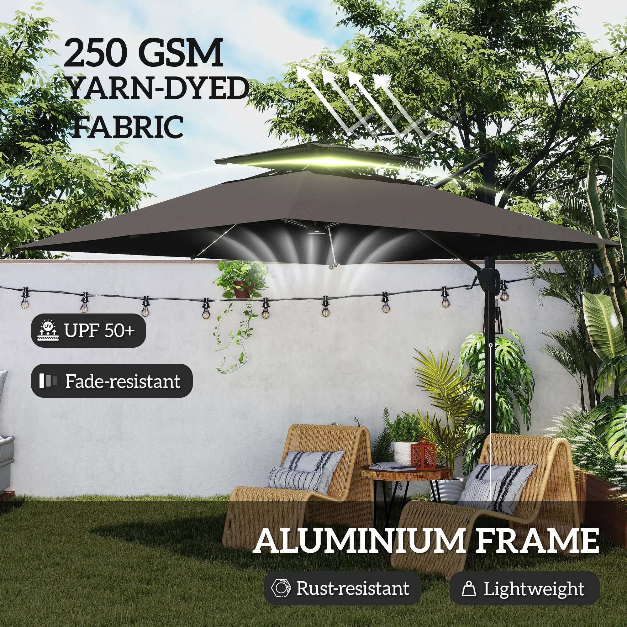.5x3 m Garden Cantilever Parasol with Solar LED Lights and Centre Light, Aluminium Large Square Patio Umbrella, UPF50+ Hanging Sun Shade with Cross Base, Crank Handle and Tilt, Grey