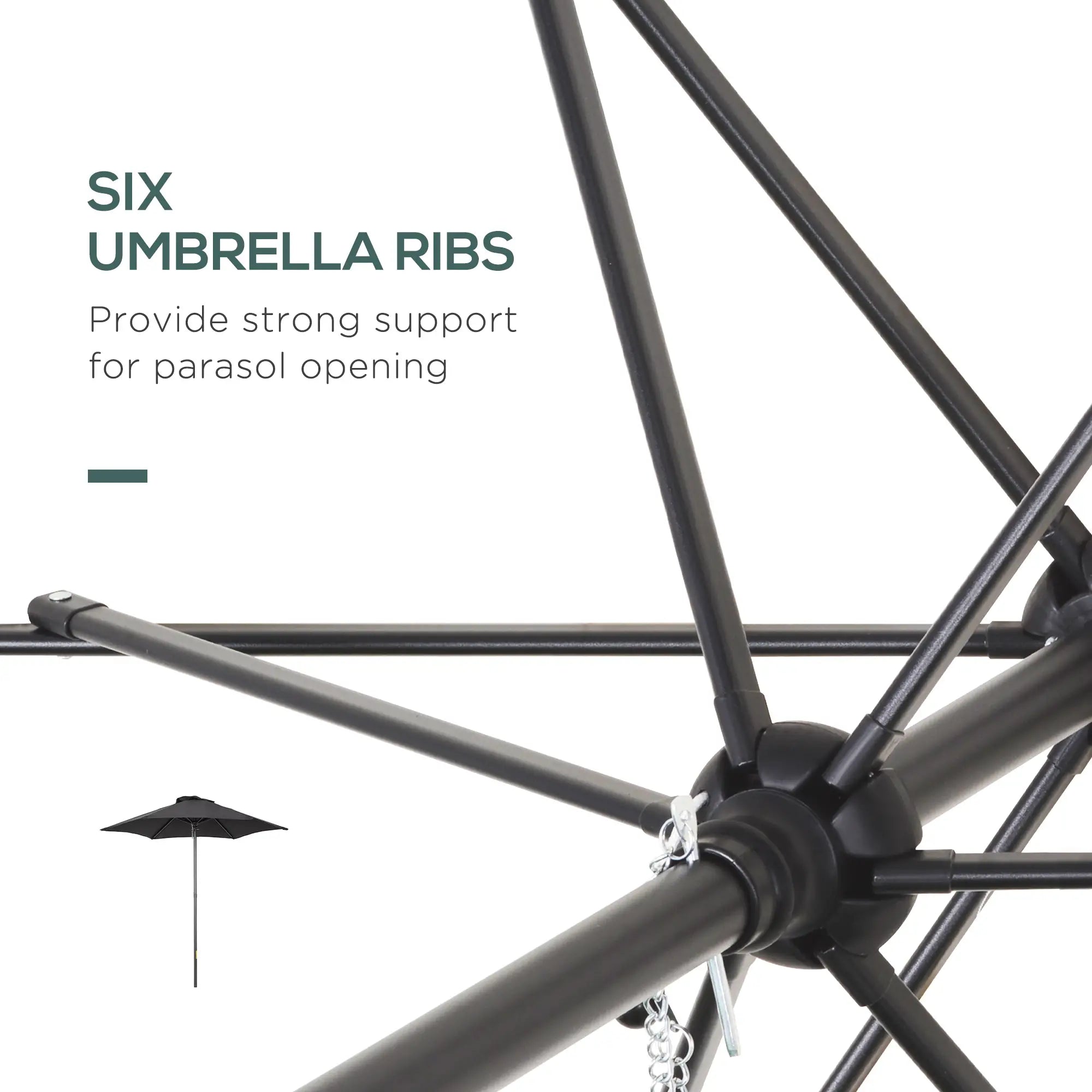 2m Garden Parasol Umbrella, Outdoor Sun Shade with 6 Sturdy Ribs for Balcony, Bench, Garden, Black