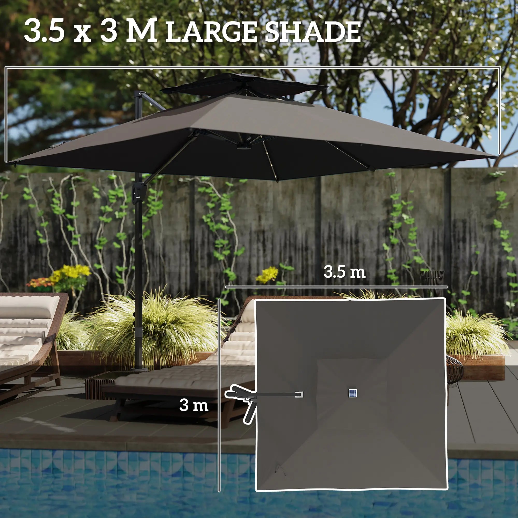 .5x3 m Garden Cantilever Parasol with Solar LED Lights and Centre Light, Aluminium Large Square Patio Umbrella, UPF50+ Hanging Sun Shade with Cross Base, Crank Handle and Tilt, Grey